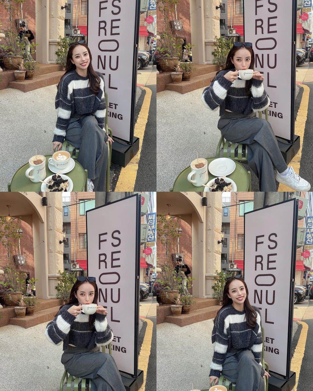 suzuhaのインスタグラム：「#ootd 韓国1日目のｺｰﾃﾞはとにかくこのﾆｯﾄが 可愛すぎて早く着たかった♡ tops @sheinofficial / 12032061 slacks @uniqlo  sneaker @nike  どこ歩いてても可愛いｶﾌｪばっかりで 日本にももっと増えてほしいねっ🫦‼️ #韓国 #コーデ #韓国カフェ #korea」