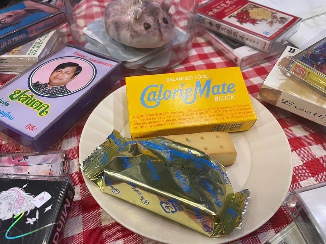 小谷実由のインスタグラム：「#好き蒐集倶楽部菓子 会員番号012 菅原慎一さんと食べたお菓子🐶🎸📼  今回は事前に菅原さんにどんなお菓子がいいかざっくり教えてください！とお伺いしてみたところ、ド直球な2つがやってきたので、そんな菅原さん好みなラインナップになっております🍪🌰  前編では、なんとカロリーメイトのご登場。菅原さんのお好み、そして私も大好きなバニラ味です。🍨カロリーメイト、果たして”お菓子という認識でいいのか問題”がありますが、、🤔そんなことを飛び抜けて私たちのカロリーメイトへの想いは熱い！！！❤️‍🔥❤️‍🔥❤️‍🔥昨年登場したNEWフレーバーであるバニラ味なんですが、まずなんと言ってもジャケが最高。カロリーメイトといえば！なマンダリンカラーの箱にぴったりの鮮やかな水色ロゴが愛おしい💛🩵カセットなどをジャケ買いすることが好きな我々の心を鷲掴みにしています（菅原さん曰く、小さい2本入りの箱の方はカセットにも似ている）。そしてバニラ味と言ってるものの、チョコチップが入っているというちょっとラッキー感のある演出（？）なので、チョコチップクッキーが大好きな人でまだトライしたことがない方は是非チェックしてみてください😌🍪我が家ではバニラ味オンリーでしっかりストックしてあります🗃️幼稚園生の頃から「カロリーメイトって可愛いなぁ」と思っている菅原少年、最高ですね、、👏⚽️我々はなぜバニラ味が突如彗星の如く現れたのかとても気になっています、、！  後編では、宝来屋本店の栗蒸し羊羹をいただきました！菅原さんも思わずビューティフル…！とぽそりと言ってしまったその見た目は、羊羹の上に大きな栗が豪快に乗り、その上部を透明な寒天（？）でコーティングされた美しいビジュアル。こちらも菅原さんが和菓子がお好きとのことで、季節柄＆私が和菓子の中で食べた瞬間に「たまげた！」となった至極の一品だったのでセレクトしました🌰私のたまげた理由はズバリ食感。もちもちの羊羹と食べ応えのある栗がベストマッチなのです。美味しいものを食べると、食べている先から眠くなりますよね（もしくはその場に布団を敷いて眠りたくなる）。そんなことを考えていたら菅原さんもこのまま寝そう…とおっしゃっておりました。今日も1日お疲れ様でも、今週もよく頑張りましたでも、就寝前にお昼寝前に、是非みなさん召し上がってみてください。願わくば、私は疲れ果てた時のパワーチャージとして、バーでかぶりつきたい夢。。😴マラソンをしていて給水所で水の代わりのバーの栗蒸し羊羹を渡されて、かぶりつきながら走り続けるイメージです🏃‍♀️  明日は最新回の更新日！マイ女神がついに降臨です。。。！💄🐈‍⬛🥁」