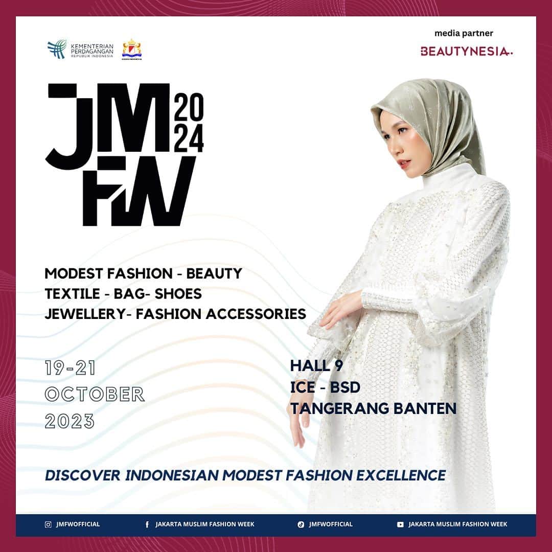 のインスタグラム：「Discover the Indonesian modest fashion excellence here only at Jakarta Muslim Fashion Week (JMFW) 2024 @jmfwofficial  Be as modest as you can be with all the exhilarating fashion trends, including beauty products, textiles, footwear, and beauty accessories.  So, get ready, because the fun is returning! Mark your calendar!  🗓 19-21 October 2023  📍 Hall 9, ICE - BSD, Tangerang  #JMFW2024 #JakartaMuslimFashionWeek #ModestFashion #IndonesianModestFashion #FashionEvent #IndonesianFashionChamber #MinistryofTrade」