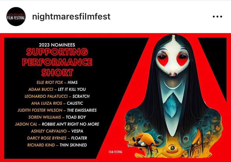 ダーシー・ローズ・バーンズのインスタグラム：「So I guess I got nominated. And so did Floater. Don’t mind me I’m gonna go dance in a corner while eating candy corn ✌️🎃 (thanks @nightmaresfilmfest !) #floater #horrormovies #horror #film」
