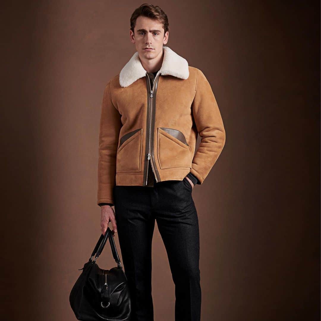 のインスタグラム：「It's tricky finding the perfect top layer to wear over a sophisticated suit, but we think this classic suede jacket is it. #DuchampLondon #Menswear #modernman」