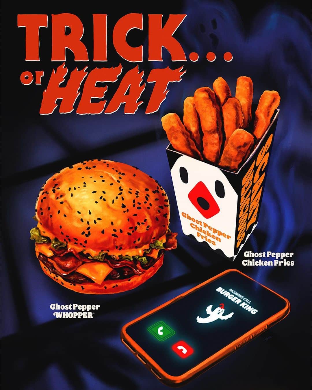 バーガーキングのインスタグラム：「have you answered the call? 👀 the link in bio to brave our trick… or heat 😈  at part. rest. terms apply.  @caseybooth」