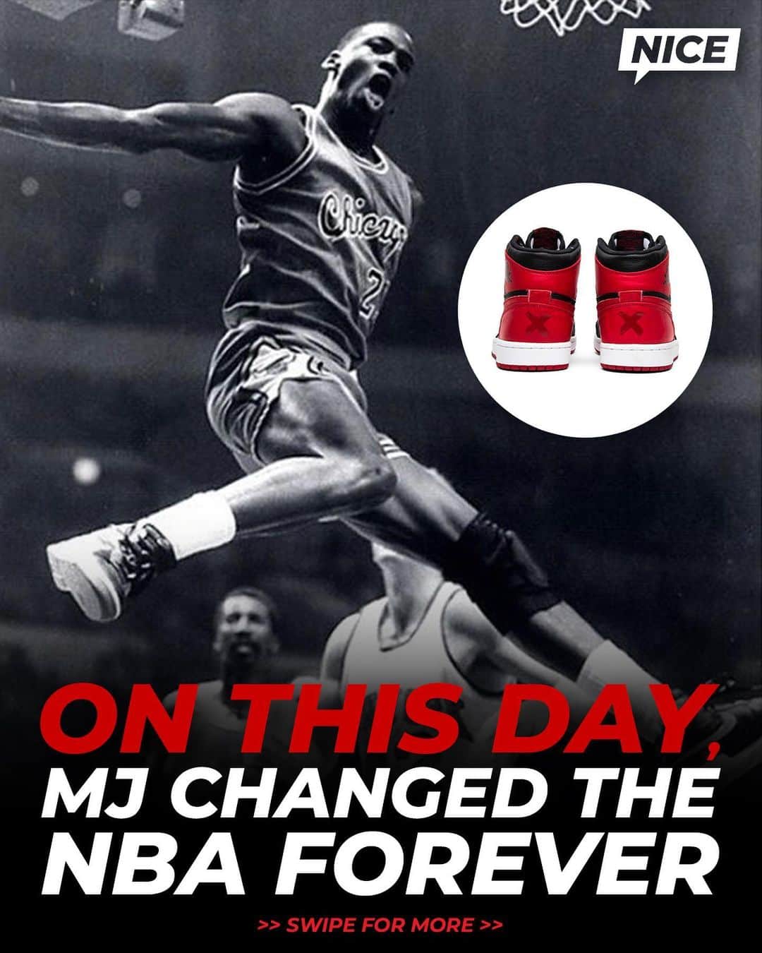 のインスタグラム：「In February 1985, the NBA sent a letter to Nike informing them that Michael Jordan’s ‘red and black NIKE basketball shoes’ violated the league’s uniform rules, ‘on or around October 18, 1984.’ 📝 @nicekicksvault   The letter created a Mandela Effect due to the ambiguity of the shoes mentioned in the letter + a 1985 Nike television ad that insinuated the banned shoes were the Air Jordan 1 “Black/Red” ❌ @nicekickshoops   The pair MJ wore was in fact a “Black/Red” Nike Air Ship PE with MJ actually debuting the AJ1 “Chicago” on November 17, 1984 followed by the AJ1 “Black/Red” during the NBA Slam Dunk Contest in 1985 👀」