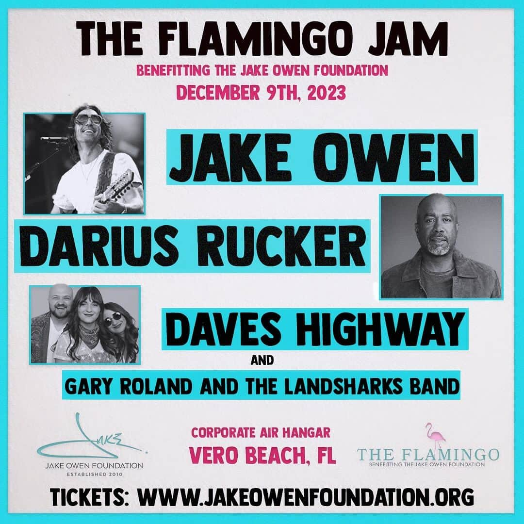 ジェイク・オーウェンのインスタグラム：「I'm fired up to announce the 2023 Flamingo Jam 🦩 lineup!! I always love ending the year in our hometown and raising money for great some great causes. We couldn’t do it without the help of all my friends that have come thru the years and our hometown of Vero Beach, FL.   thanks so much to @dariusrucker and @daveshighway for joining us this year!   tickets on sale Friday 10/20 at 10 AM Eastern standard time  tickets 🎫  avail at   jakeowenfoundation.org   jakeowen.net」