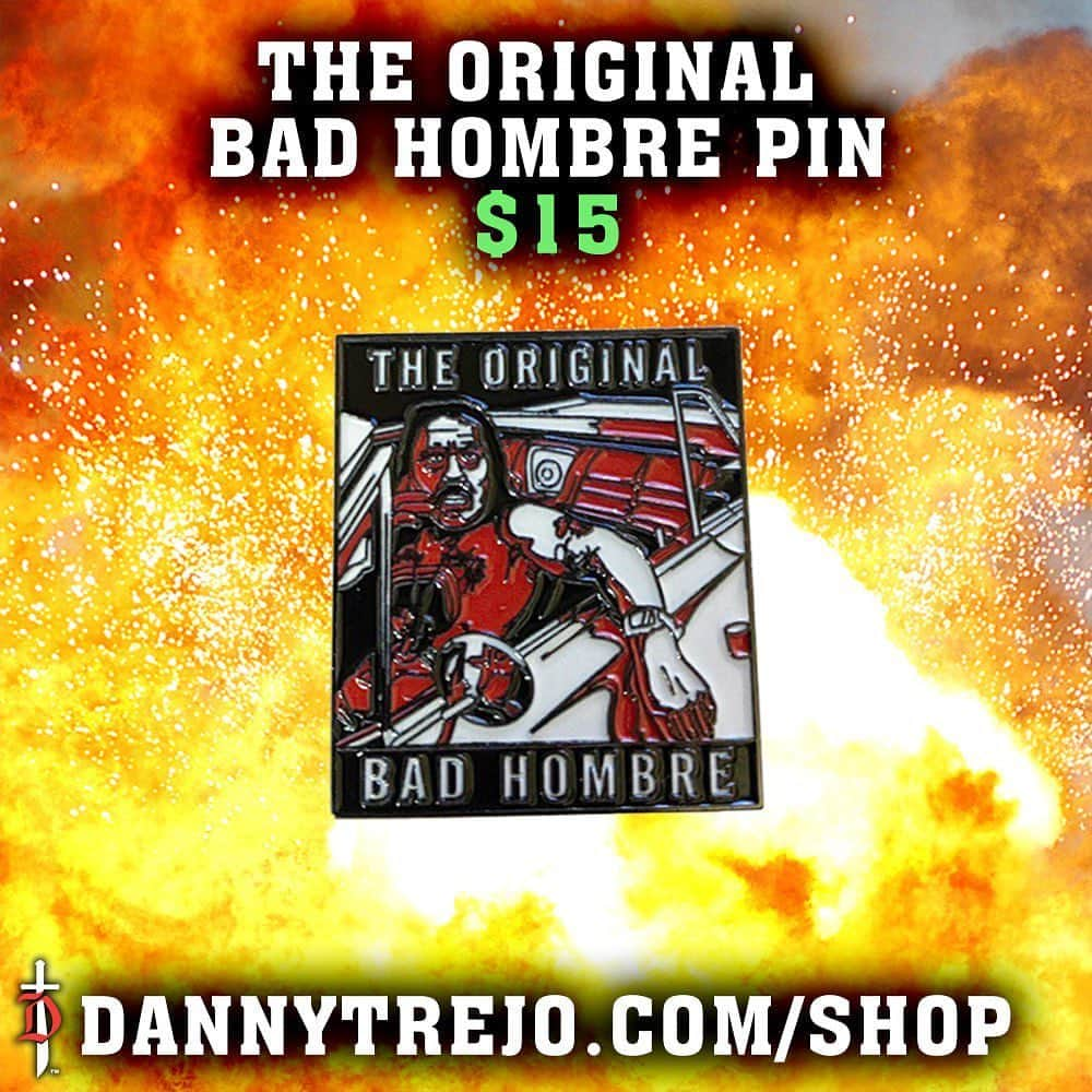 ダニー・トレホのインスタグラム：「Add to your pin collection with my Original Bad Hombre Pin! A must have for any badass collection! Get yours now only on my shop *Link in Bio*  #pin #pins #dannytrejo #machete #badhombre #og #collectibles」