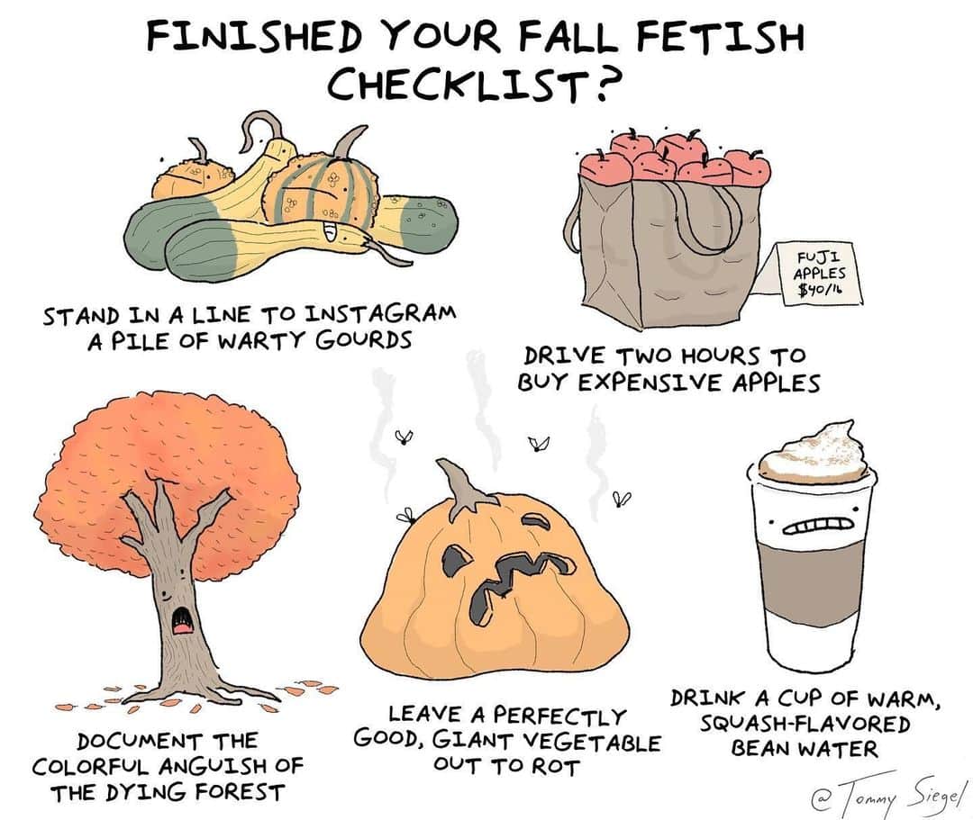 のインスタグラム：「Fall: hyped or overrated? ✍🏻 @tommysiegel  - #comic #pumpkin #pumpkinspice #apple #fall #autumn #9gag」