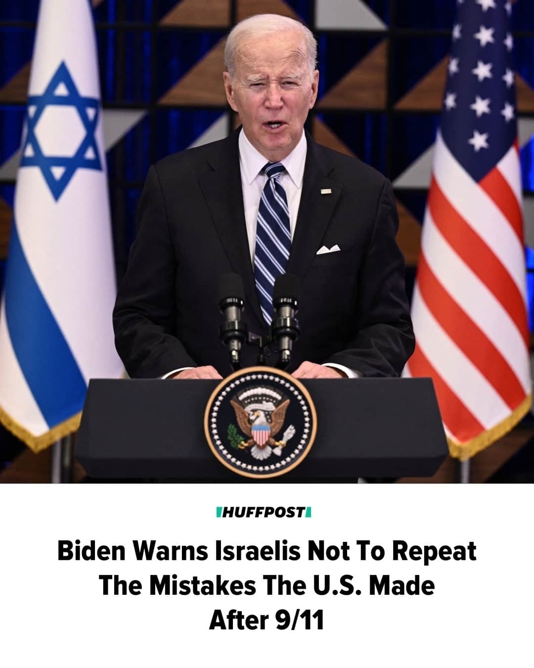 Huffington Postのインスタグラム：「In a speech in Israel, President Joe Biden urged Israelis not to repeat the mistakes the United States made following the 9/11 attacks in Israel’s own response to the Hamas attacks that have reportedly left at least 1,400 Israelis dead since Oct. 7.⁠ ⁠ “I caution this, that while you feel that rage, don’t be consumed by it,” Biden said in public remarks in Tel Aviv. “After 9/11, we were enraged in the United States. While we sought justice and got justice, we also made mistakes.”⁠ ⁠ Biden’s warning about overreaching in response to a traumatic event may be his most explicit call for Israeli restraint in its war on Gaza. It comes, however, as his administration has squashed public communications that mention “de-escalation,” “ceasefire,” “end to violence/bloodshed” and “restoring calm,” according to a HuffPost report. The president has also struck an unflinching pro-Israel stance, moving a carrier strike group off the coast of Israel and promising billions in military aid.⁠ ⁠ Read more at our link in bio. // 📷 Getty // 🖊️ Paul Blumenthal」