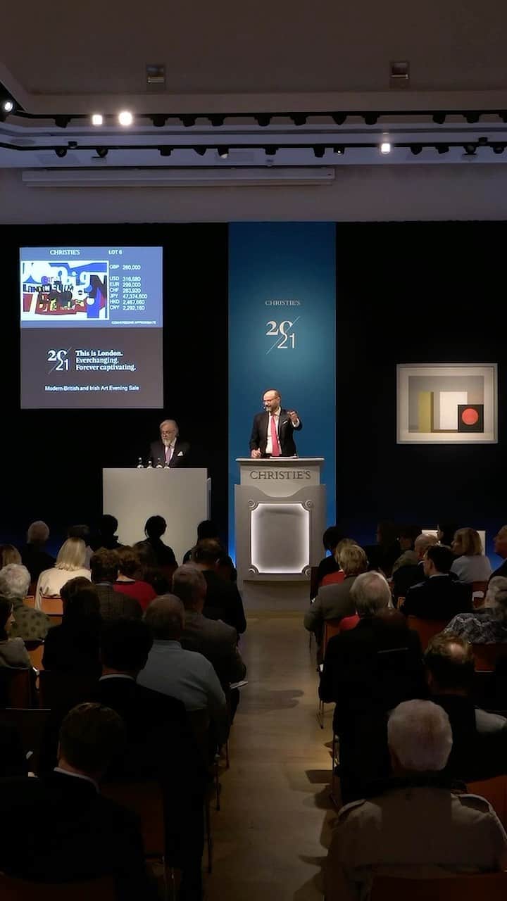 クリスティーズのインスタグラム：「📣 The Modern British and Irish Art Evening Sale achieved a total of £11,522,800.⁣ ⁣ Robyn Denny’s ‘The Austin Reed Mural’ set a new #worldauctionrecord for the artist of £352,800. The painting was commissioned for Austin Reed’s clothing store on Regent Street and was charged with encapsulating the spirit of optimism and confidence in London at the end of the 1950s.⁣ ⁣ Additional sale highlights include Barbara Hepworth’s monumental sculpture ‘Three Obliques (Walk In)’, realising the top price of the evening at £5,830,000. Ben Nicholson’s dynamic and complex abstraction, ‘painting 1938 (red circle)’, formerly in The Distinguished Collection of Kate and Allan Emil, sold for £1,371,000.⁣  📲View our IG Stories for more #AuctionUpdates!⁣ ⁣ #RobynDenny #BarbaraHepworth #BenNicholson⁣ ⁣」