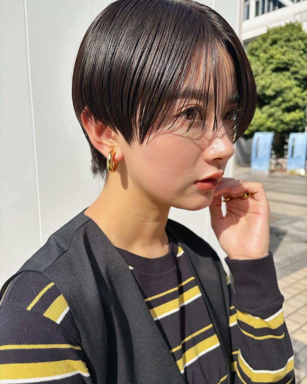 Yanagihara Hirokiのインスタグラム：「暗髪ショート✂︎✂︎ ・ ・ 秋冬もオススメです。 ・ 仕上げは　@hay_natural  のドロップを使用しています。 @yanagihara_hiroki  ・ ・ 美容室　SOIE SHIBUYA @soie__shibuya  ・ 平日　11時〜20時 木曜日・土曜日10時〜19時 日曜日・祝日　10時〜18時半 ・ ・ ・ ・ ・ ・ ・  ＃小顔ショート＃東京サロンモデル#東京サロン#ヘアセット #ショートヘア女子#ショートヘア #ベリーショート  #ハンサムショート#マッシュヘア#マッシュショート＃スタイリング＃センター分け＃大人カジュアル#ハンサムマッシュ#マッシュショートヘア#ショートカット #ショートスタイル#ハンサムショート女子＃大人ショート＃黒髪#センターパート#ショートヘアアレンジ」