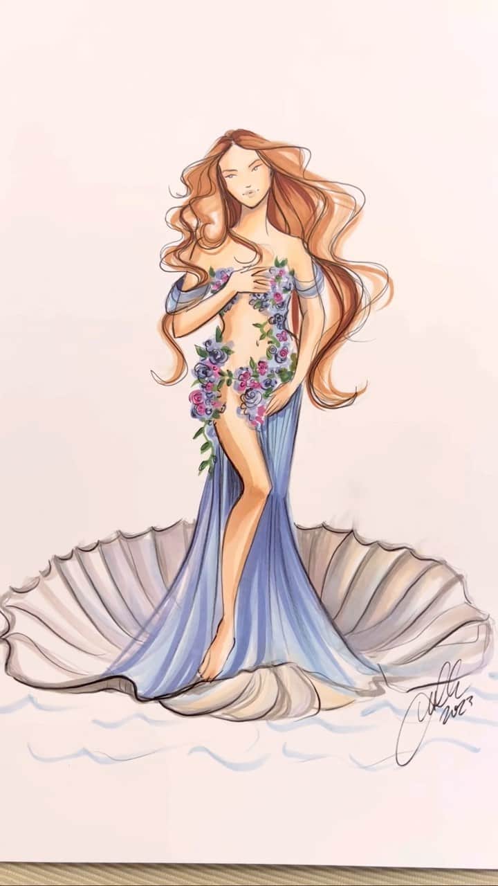 Holly Nicholsのインスタグラム：「Inspired by Venus 💜, Botticelli 💜 #florence #firenze #Botticelli #asmr #fashionillustration #copic #uffizigallery #uffizi」