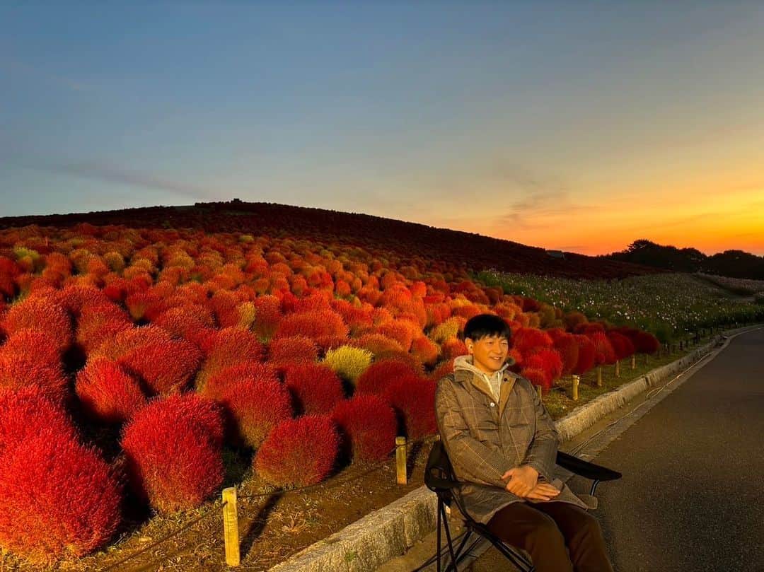 依田司のインスタグラム：「10月19日（木） 茨城県ひたちなか市の「国営ひたち海浜公園」から。 こちらには約33,000本のコキアが植えられ、今年も紅葉の見頃を迎えました。 「みはらしの丘」を赤く染めあげるコキア。午前中のコキアは瑞々しくて爽やかで、西日を浴びた夕方のコキアはよりいっそう鮮やかだとも言われ、時間帯によってさまざまな色味のコキアを楽しめます。 紅葉の見頃は来週前半頃までで、その後、次第に黄金色へと変わっていきます。 今月３１日まで「コキアカーニバル」を開催中で、コキアをモチーフにしたフードメニューも楽しめますよ。  #ひたち海浜公園 #コキアの紅葉#DoCLASSE #ドゥクラッセ #依田さん #依田司 #お天気検定 #テレビ朝日 #グッドモーニング #気象予報士 #お天気キャスター #森林インストラクター #グリーンセイバーアドバンス #プロジェクトワイルド #IPCC伝導者 #japan #japantrip #japantravel #unknownjapan #japanAdventure #japanlife #lifeinjapan #instagramjapan #instajapan #療癒 #ilovejapan #weather #weathercaster #weatherforecast」