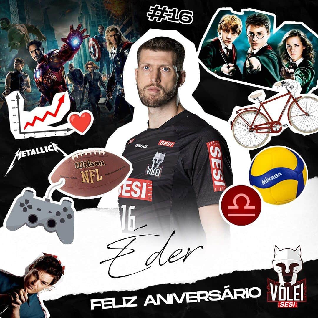 エデル・カルボネラのインスタグラム：「Parabéns para o nosso capitão, @edercarbonera 🥳  Hoje, o nosso grande central está completando mais um ano de vida!!! Com toda a sua experiência e determinação, é um grande líder para os nossos guerreiros! 💪🏻  Desejamos um ciclo repleto de sucesso e conquistas! E vamos juntos levantar muitos troféus!!! 🏆  Feliz aniversário!!! 👏🏻  ❤🖤  #sesi #sesivoleibauru #sesivolei #sesisp #volei #pedagogiadoexemplo」