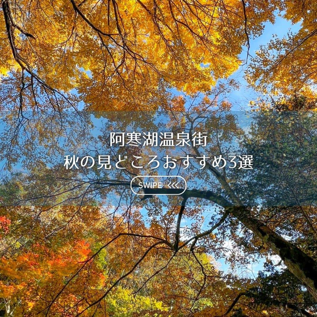 あかん遊久の里 鶴雅のインスタグラム：「＼阿寒湖温泉　秋の見どころ3選／ 北海道の秋は短いのが定番ですが、今年は秋景色を長く楽しめています。 お車で、遊覧船で、徒歩でそれぞれ行けるスポットのご紹介です。  ・滝見橋 阿寒川の源流部で、阿寒湖と太郎湖からの豊富な水が滝として流れており、その眺めを観る事が出来るのがこの橋の名前の由来です。 見ごろは何といっても紅葉の季節。 鮮やかな紅や黄色との間を流れる清流は、庭園のような美しさです。  ・ボッケ遊歩道 ボッケの森はエゾマツやトドマツなどの針葉樹とカツラやミズナラなどの広葉樹が混じってできた森に、エゾシカやエゾリスなどの野生動物が生息している自然豊かなところです。  ・滝口 庭園のような景観を楽しむことができる、阿寒湖を代表する景勝地です。 ここは阿寒湖の東南端にあたる入り江に接した地点で、阿寒湖で唯一の流出河口となっており、ここから流れ出した水が太郎湖の水と合流して阿寒川へ流れ出ている様子が滝のようであることから、このあたりは「滝口」と呼ばれるようになったそうです。 観光遊覧船のコースにもなっています。  この時期にか見られない景色をぜひ♪  ♨︎------------------------- 北海道の自然を満喫できる旅館  　  #あかん遊久の里鶴雅  　　@tsuruga_akan 📍北海道釧路市阿寒湖温泉 ご予約・詳細はプロフィールの 　リンクからお願いします✈︎ ---------------------------♨︎ #鶴雅で北海道#北海道旅行#温泉旅行#温泉旅館 #♨️#阿寒湖温泉#阿寒摩周国立公園#鶴雅  #japantravel￼￼#hokkaidotrip」