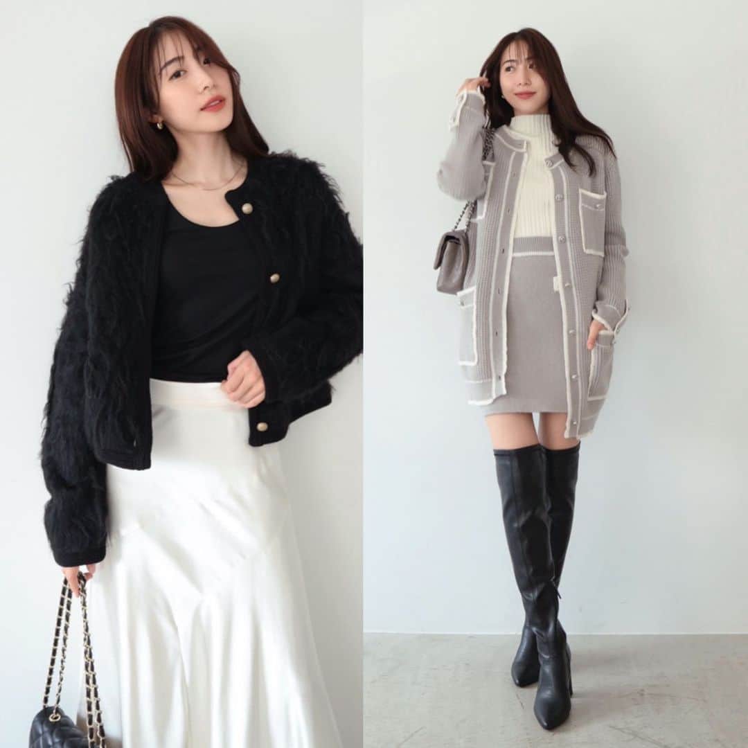 デュラスアンビエントのインスタグラム：「#ファーライクニットジャケット <Ivory, Gray, Black, Coral>  繊細な色が混ざったウール混の糸で、温かみのあるニュアンシーなニットジャケット。  #ワッフルバイカラーロングニットカーディガン <Off white, Gray, Black>  騙し絵風なデザインは、あえて歪な縁取りにすることで、まるで2Dのような目新しいロングカーディガン。  #バイカラージャガードニットミニスカート <Off white, Gray, Black>  コンパクトなタイトシルエットで、縁取られたベルト部分が、腰位置高めでマークしてくれます。  ＿＿＿＿＿＿＿＿＿＿＿ ✔︎ @ambient_styling #AMBIENT #ambient_official #ambientstyle #アンビエント #ニット」