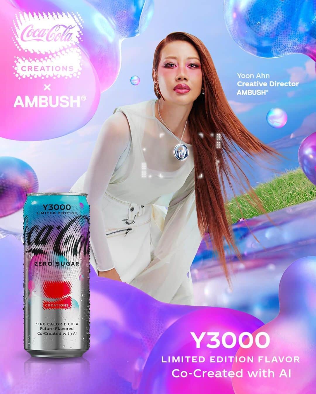 YOONのインスタグラム：「Witness the seamless blend of human and artificial intelligence. Unveiling the collaboration between #AMBUSH and @cocacola #CocaColaY3000 💓🤘🏽  Taste and get a glimpse of the future on coca-cola.com/creations and ambushdesign.com  #CocaColaCreations #realmagic #ambush #cocacola  #aiartwork #y3000」