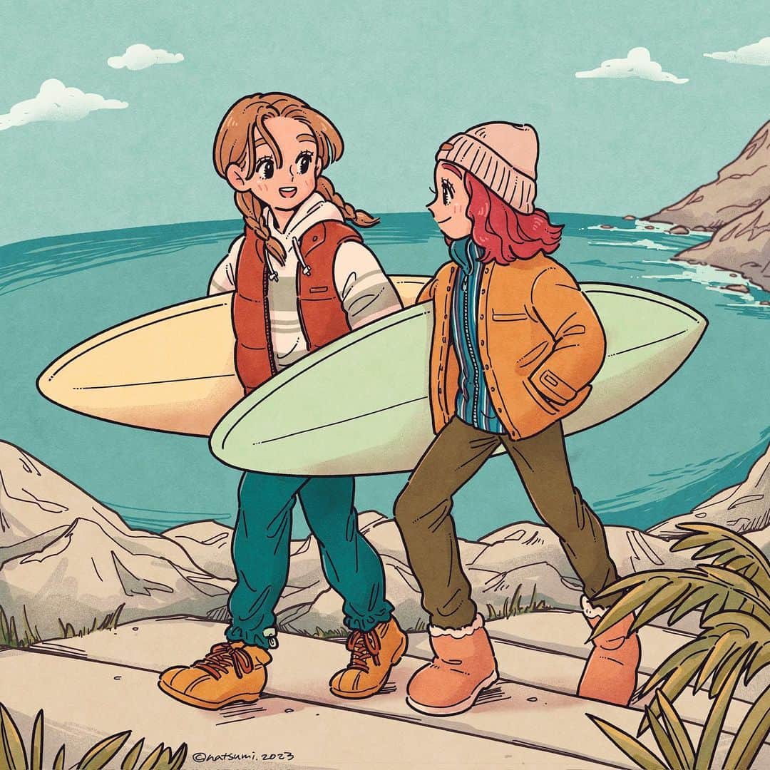 ヨシダナツミのインスタグラム：「. 『いつだって』  サーフガールたちは寒い季節だってアクティブで可愛くてかっこいいんだ🌴  .  #illustration #illustrator #art #drawing #絵 #イラスト」