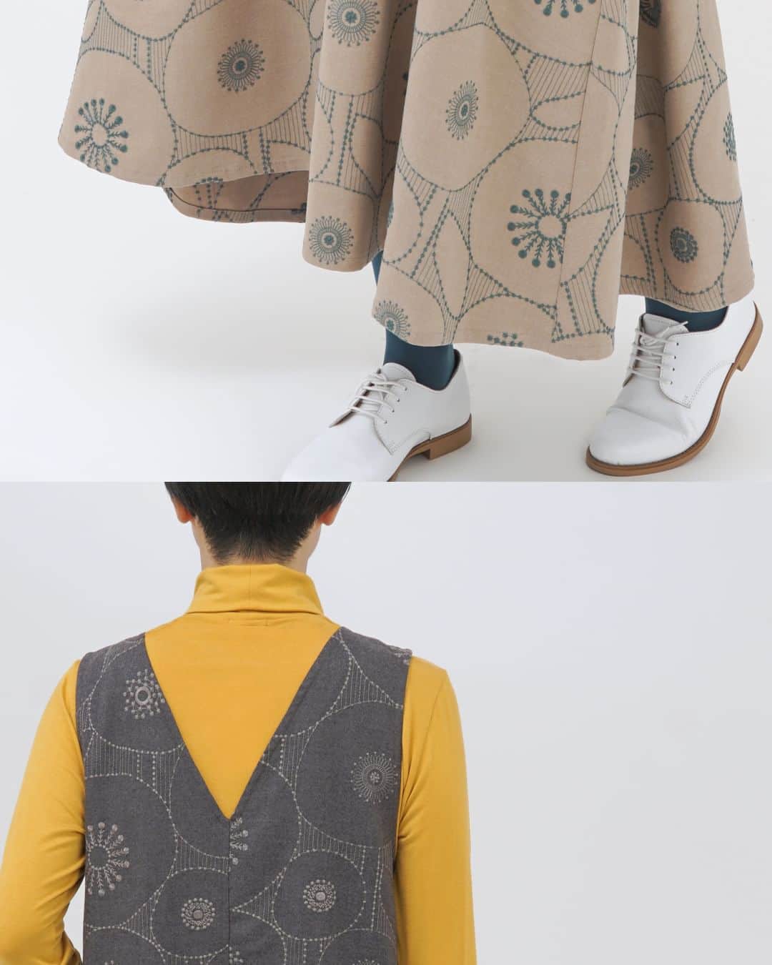 marbleSUD(マーブルシュッド) のインスタグラム：「「金子みすゞ 2023 fall & winter collection」の中から"わらい"のご紹介です！ 盛夏コレクションのLOOKBOOKの表紙を飾ったこちらのシリーズ。 総刺繍の華やかさはそのままに、こっくり落ち着いた秋冬仕様になって帰ってきました🏃💨秋が深まり、寒さ増すこの季節。心温まる詩を身にまとって、心も体も温まってくださいね🍁」