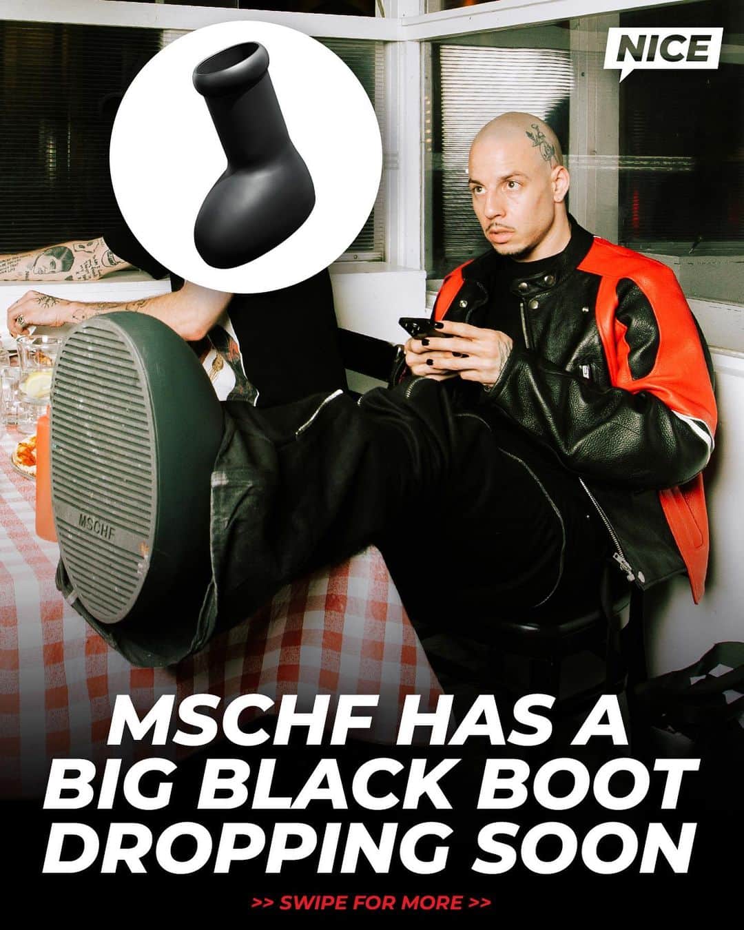 のインスタグラム：「Following its collab with Crocs, MSCHF is dropping a third colorway of its Big Red Boot but this time completely BLACKED out ⚫️⚫️⚫️  @nicedrops: 10/26 for $350 🗓️」