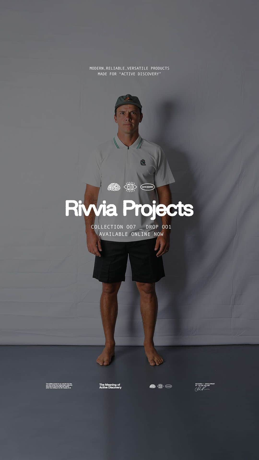 ジュリアン・ウィルソンのインスタグラム：「JUST LANDED : Collection 007 The first drop of our latest range has just released online at rivviaprojects.com. New colourways, golf polos, surf trunks, accessories, running shorts, sports + graphic tees. All designed for “Active Discovery”.   Would be so grateful if you checked it out and l let me know what you think.」