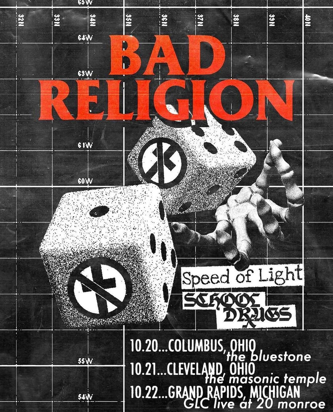 Bad Religionのインスタグラム：「Ya-hey! New Jersey Mashers School Drugs hop on the tour tomorrow, they will be opening the next three shows and are not to be missed!  Tickets are still available for Cleveland and Grand Rapids at badreligion.com Columbus, Cleveland, Grand Rapids: Doors 6:30 @schooldrugsnj 7:30 @speedoflightband 8:20 @badreligionband 9:20」