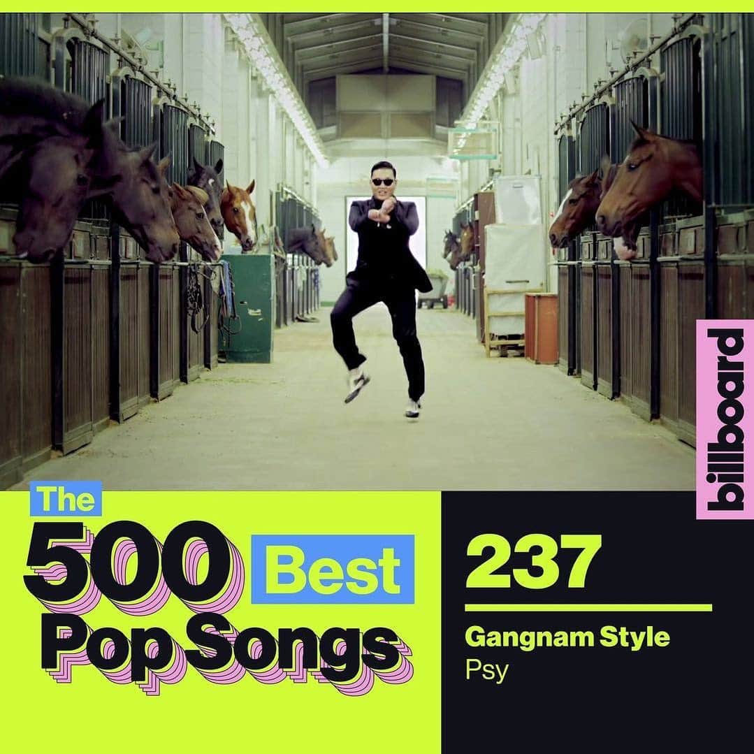 PSYのインスタグラム：「THX @billboard for ranking me 237th out of The 500 Best Pop Songs celebrating the #Hot100's 65th anniversary!!  빌보드 핫100 65주년 기념 The 500 Best Pop Songs 중 무려 237!!위라는군요🥹 무지하게 영광입니다!! 쿠오오오오🔥 #gamgnamstyle」