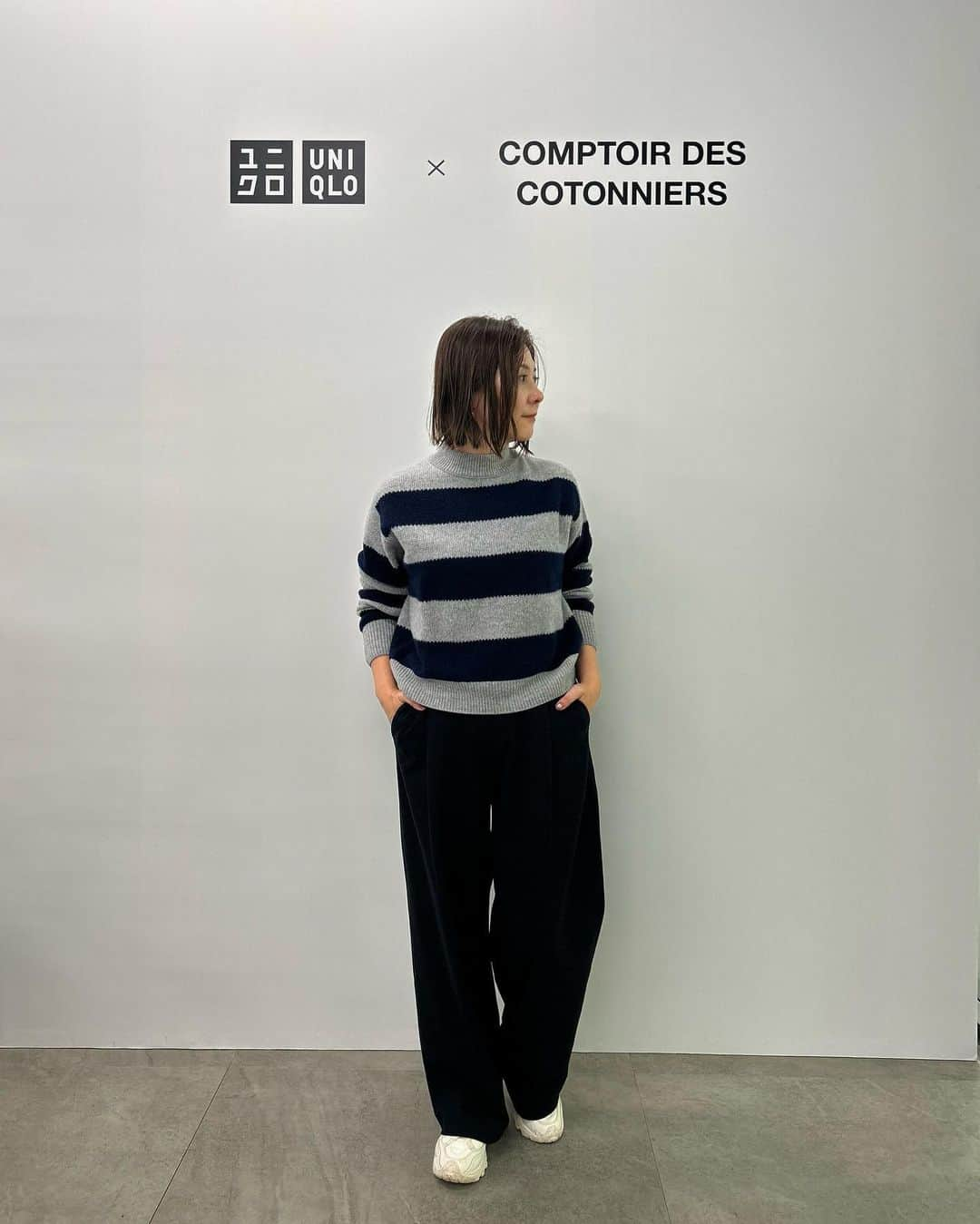 0510_nanaさんのインスタグラム写真 - (0510_nanaInstagram)「❥ ❥ ❥UNIQLO× COMPTOIR DES COTONNIERS  10月20日(金)発売コントワー・デ・コトニエ 2023秋冬コレクションの試着会へ。  女性らしさとカジュアルさと兼ね備えているアイテムが多くてオンオフ使えそうなものばかり。  中でもイチオシなのが、写真で私がボーダーと合わせているネイビーと黄色いカーディガンと合わせたベージュのパンツ。  #ブラッシュドジャージータックワイドパンツ   これ試着するとみんな欲しくなっちゃうのよ。  ゆったりしてるのにもたつかなくて、スタイルアップしてくれる。 肌触りが良くて穿いていて心地よい。 標準でも丈長め！はい最高。  ちなみに大きめなつくりだからいつもよりサイズダウンすべき。 それでもゆとりあると思う。  他にも魅力的なアイテムがあるからぜひチェックしてみてね。  #uniqlo #ユニクロ #ユニクロコーデ#comptoirdescotonniers #コントワーデコトニエ #ソフトブラッシュドスタンドカラーシャツ #ペグジーンズ #ダブルフェイスラップコート #プレミアムラムボーダーモックネックセーター #プレミアムラムカーディガン #locari #骨格ストレート #骨格ストレートコーデ#プチプラコーデ #パーソナルカラーオータム  #イエベ秋 #イエベ秋コーデ #40代コーデ #アラフォーコーデ #50代コーデ #アラフィフコーデ」10月19日 21時20分 - 0510_nana