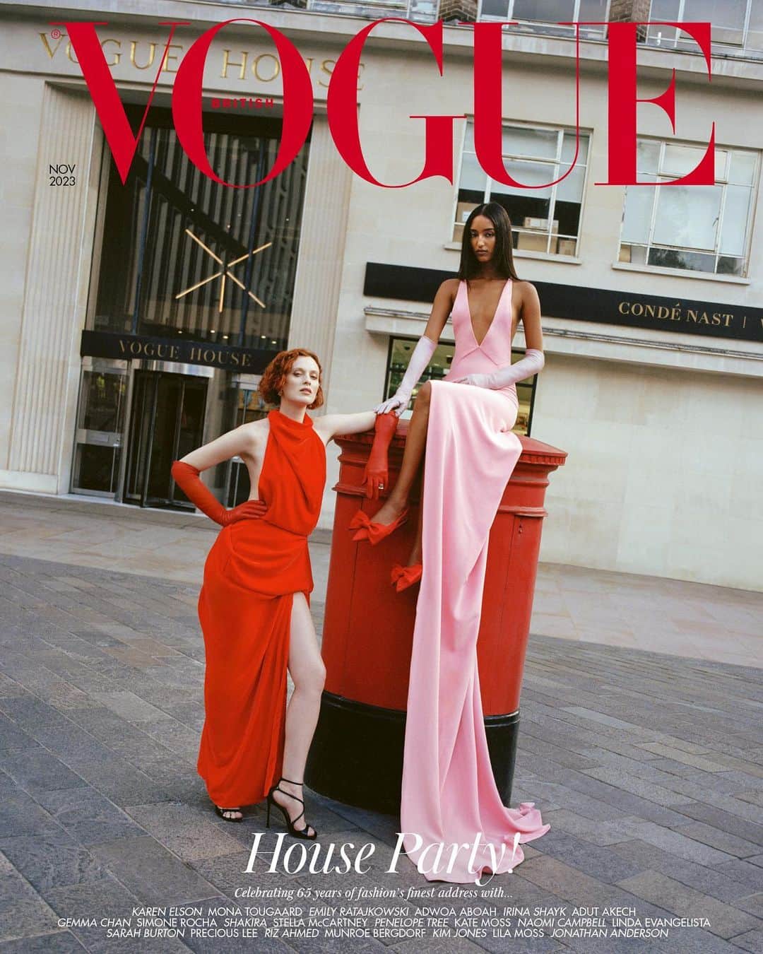 のインスタグラム：「With its name chiselled in gold above the celebrated revolving doors, Vogue House has always fizzed with history. A temple to high fashion, its boardrooms are studded floor to ceiling with in-house photographs that make for the roll call of the century. Now, as Vogue says a fond farewell to Hanover Square, stars past, present and eternal come together for a leaving party like no other in the November 2023 issue of #BritishVogue. On the third and final cover? None other than @MissKarenElson and @Mona_Tougaard. Click the link in bio to read the feature and see the full story in the new issue, on newsstands Tuesday 24 October.  #KarenElson wears a dress and ring by @AlexanderMcQueen, sandals by @JimmyChoo, gloves by @HandsomeStockholm and earrings by @Cartier, and #MonaTougaard wears a dress and shoes by @MaisonValentino and gloves by @HandsomeStockholm. Photographed by @SeanThomas_Photo and styled by @DenaGia, with hair by @SteliosChondros, make-up by @HollySilius, nails by @PebblesNails, set design by @MigsBento, flowers by @British_Flowerman and production by @_The.Curated.  [IMAGE DESCRIPTION: Images shows the front of Vogue House, Vogue’s London headquarters for the past 65 years, in colour. In front of the building are Karen Elson, a white woman, and Mona Tougaard, a Danish woman of Somali, Ethiopian and Turkish heritage. Mona is sitting on top of a red Royal Mail postbox, wearing a pale pink dress with a long train that falls down to reach the ground. She is wearing red heels with a bow, and elbow-length gloves, and her right hand rests on the elbow of Karen Elson, who is leaning it on top of the post box. Karen, who has her right hand on her hip, is wearing a red halter-neck dress, red elbow-length gloves, and black sandals with a stiletto heel. Both women are looking directly into the camera. Above them, the word Vogue in red letters. The cover also reads: House party!]」