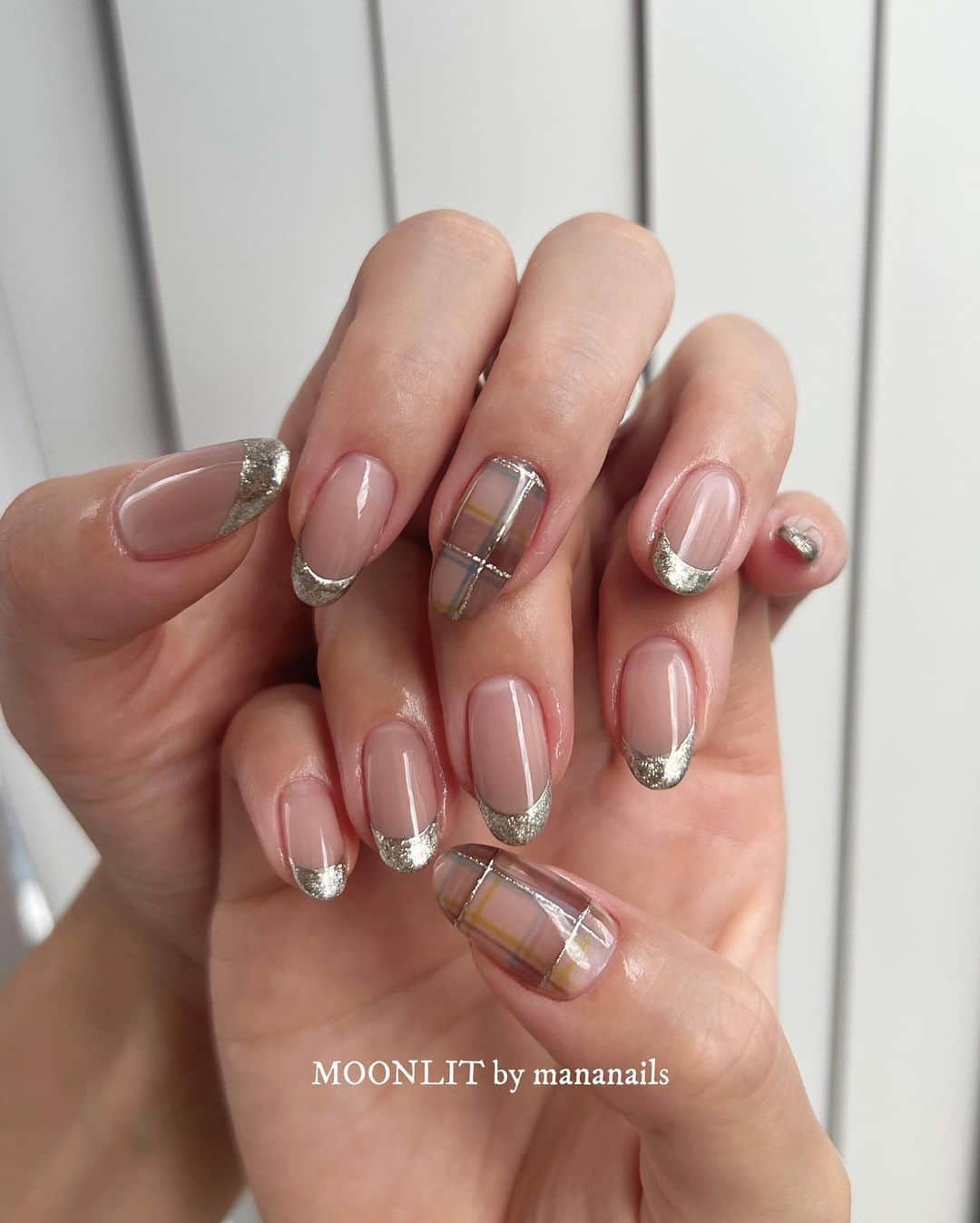 mananailsのインスタグラム：「🤍🩵💛🤎  チェックとフレンチ💕  ☾120minオフ込み」