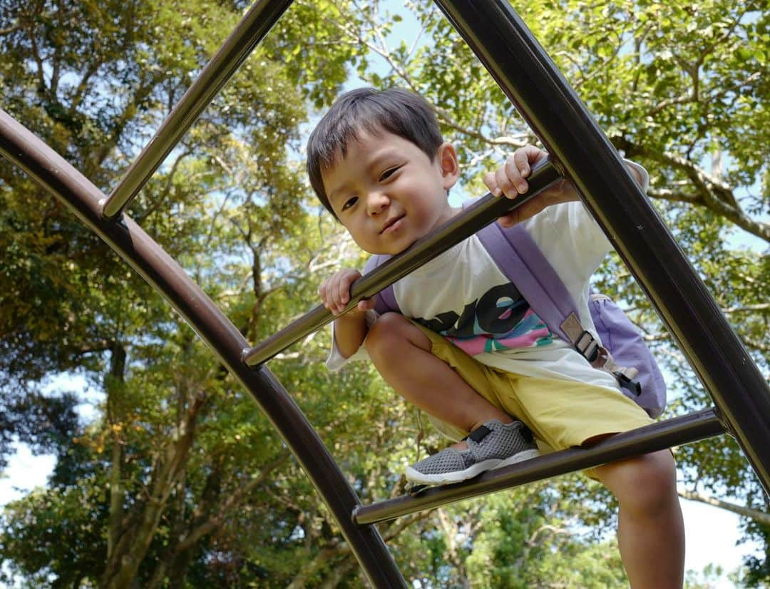 武智志穂さんのインスタグラム写真 - (武智志穂Instagram)「宿の近くの海が一望できる大きな公園・サンパーク🛝 優しい秋風が金木犀の香りを運んできてくれて、とっても居心地の良い公園でした🥺  話は変わりますが、我が家の双子の弟・絢士は実は高所恐怖症。 普段は公園に行っても高い場所の遊具にはあまり興味を示さないのですが… この日だけは紅一点の姫にカッコイイところを見せようと、網のアスレチックや雲梯に先頭切って積極的にチャレンジしていました🤣 写真4.5枚目をよ〜く見て。 へっぴり腰やし、笑顔がめっちゃひきつってますやん！ もうその健気な姿が可愛すぎて夫と大笑い。 男ってのは、3歳からカッコつける生き物なんですね。  遊具でカッコイイ俺アピール作戦に失敗した絢士は、その後、お菓子プレゼント作戦に切り替えて猛アタック。 でもねぇ、絢士さん… 自分が舐めたよだれだらけの飴ちゃんをレディーにプレゼントするのは、ちょっと感心しないわねぇ🤣 これからはちょこちょこ女心も教えなきゃかな〜。笑  #えいけんdiary #宮崎観光 #日向 #サンパーク」10月19日 22時42分 - shiho_takechi