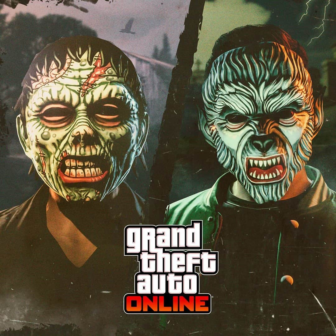 ロックスター・ゲームズのインスタグラム：「Halloween season enters its penultimate week as waves of eerie incentives continue in GTA Online.  Make space in your wardrobe for a set of gruesome new masks, get doubled payouts on assortment of Halloween-themed modes, and don’t fall victim to roaming hellhounds, fiendish self-driving cars, or UFOs looming overhead.  Visit the link to the Rockstar Newswire in our bio for more information.」