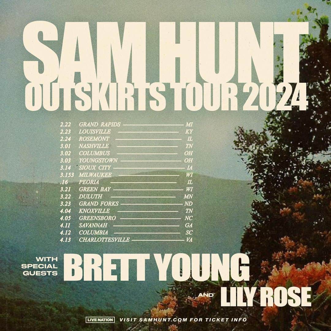 ブルット・ヤングさんのインスタグラム写真 - (ブルット・ヤングInstagram)「Outskirts Tour 2024 with @samhuntmusic and @lilyrosemusic pre-sale starts TODAY at 10am (local time) and ends tonight at 10pm! Use code BRETT24 to get yours now! Swipe for dates ➡️ // Tix at the link in my bio.」10月19日 23時12分 - brettyoungmusic