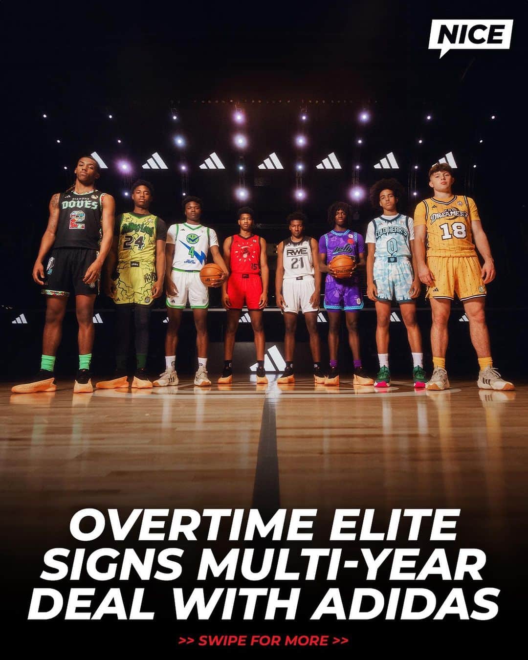のインスタグラム：「adidas is now the exclusive apparel and footwear sponsor for @ote’s eight basketball teams 🔥  OTE has sent 15 players to pro leagues in the past two years highlighted by 2023 NBA Draft Lottery picks, Amen and Ausar Thompson 📈  As a part of the rollout, adidas and Overtime Elite debuted the brand identities and uniforms for  all eight teams in their league 👀」