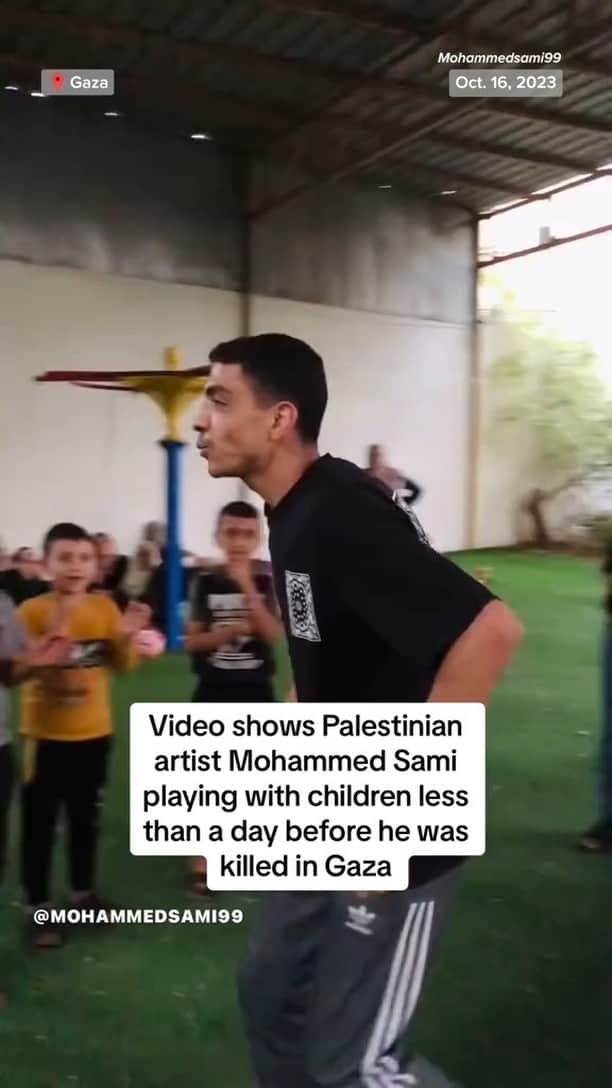 NBC Newsのインスタグラム：「A Palestinian artist is shown playing with children in Gaza to raise their spirits less than a day before he was killed in a hospital blast.」
