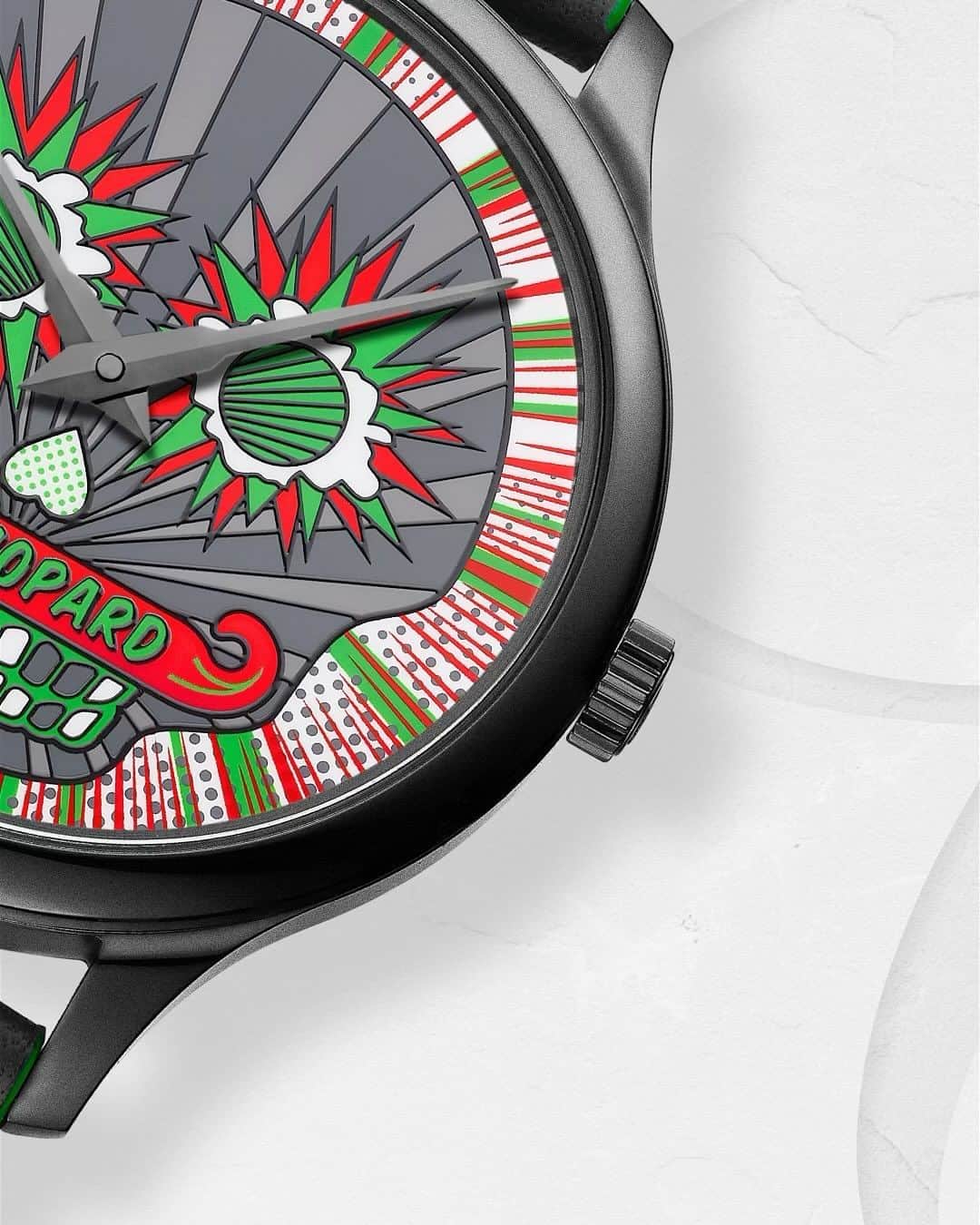 ショパールのインスタグラム：「The #LUC Skull One Calavera Pop Art continues a tradition of striking limited editions. ​ Its striking Pop Art skull motif dial in the colours of the Mexican flag contrasts deliciously with the case’s blackened finish. This celebration of creative Mexican cultural heritage is powered by the ultra-thin #Chopard Manufacture L.U.C 96.53-L calibre with Chopard Twin Technology that can be admired through the watch’s darkened sapphire back case.​ #FreshFromOurAteliers #TheGentlemansWay #ChopardWatch #SwissMade #LuxuryWatch」