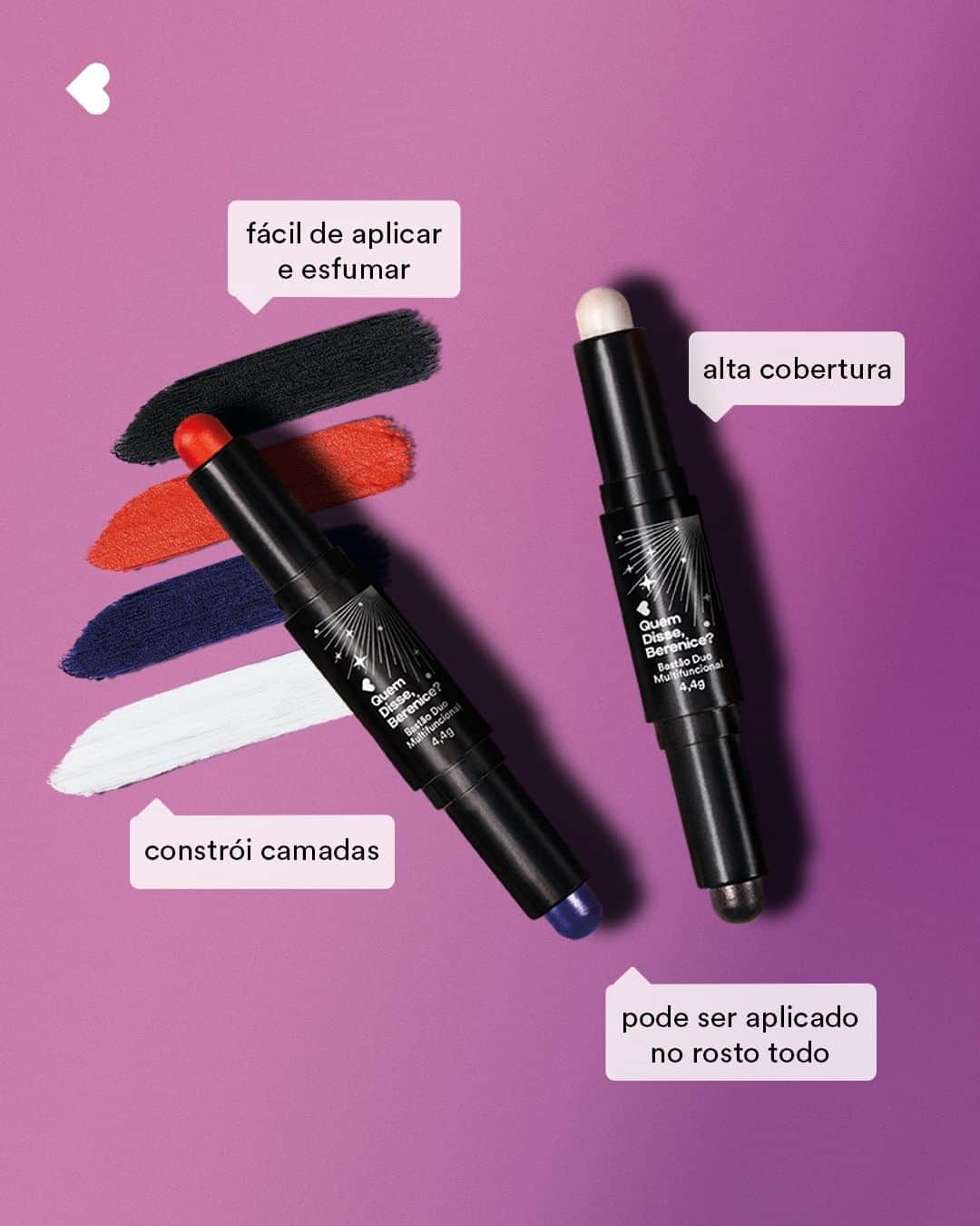 quem disse, berenice?のインスタグラム：「foi aqui que pediram makes assustadoramente lindas? com cores vibrantes e super versáteis, os Bastões Duo podem ser aplicados no rosto, olhos, boca e corpo. use toda a sua criatividade pra ficar #LindaDeMorrer com esse lançamento!  #PraTodosVerem: o post é único com o fundo roxo com os dois Bastões Duo Multifuncional, suas cores e texturas sendo mostradas ao lado esquerdo, que são laranja e roxo ou preto e branco e o texto: "fácil de aplicar e esfumar // alta cobertura // constrói camadas // pode ser aplicado no rosto todo". Fim da descrição.」