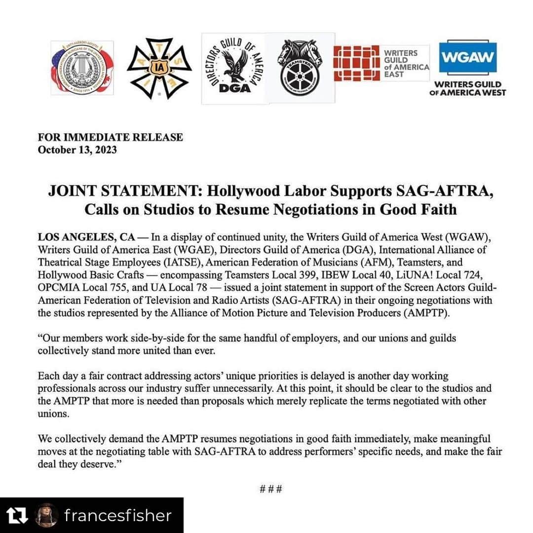 シャロン・ローレンスさんのインスタグラム写真 - (シャロン・ローレンスInstagram)「Repost from @francesfisher • #Repost @iatse  ・・・ BREAKING: Hollywood Labor releases joint statement supporting SAG-AFTRA, Calls on Studios to Resume Negotiations in Good Faith  In a display of continued unity, the Writers Guild of America West (WGAW), Writers Guild of America East (WGAE), Directors Guild of America (DGA), International Alliance of Theatrical Stage Employees (IATSE), American Federation of Musicians (AFM), Teamsters, and Hollywood Basic Crafts — encompassing Teamsters Local 399, IBEW Local 40, LiUNA! Local 724, OPCMIA Local 755, and UA Local 78 — issued a joint statement in support of the Screen Actors Guild-American Federation of Television and Radio Artists (SAG-AFTRA) in their ongoing negotiations with the studios represented by the Alliance of Motion Picture and Television Producers (AMPTP).  “Our members work side-by-side for the same handful of employers, and our unions and guilds collectively stand more united than ever.  Each day a fair contract addressing actors’ unique priorities is delayed is another day working professionals across our industry suffer unnecessarily. At this point, it should be clear to the studios and the AMPTP that more is needed than proposals which merely replicate the terms negotiated with other unions.  We collectively demand the AMPTP resumes negotiations in good faith immediately, make meaningful moves at the negotiating table with SAG-AFTRA to address performers’ specific needs, and make the fair deal they deserve.”」10月20日 0時22分 - sharonelawrence