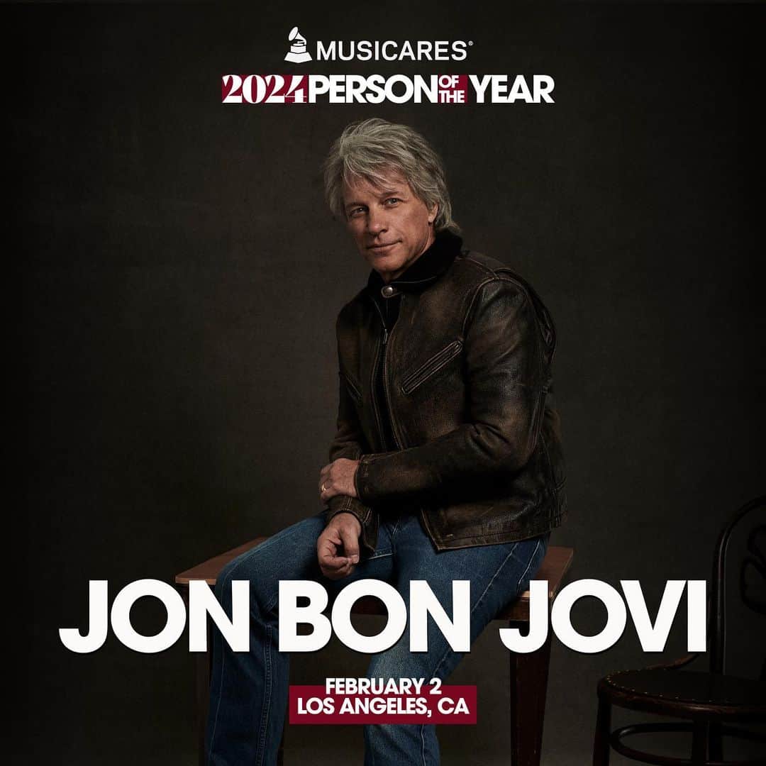 The GRAMMYsのインスタグラム：「We are excited to honor Jon Bon Jovi, GRAMMY Award winner and 11-time GRAMMY Award nominee, and founding member of American rock band @BonJovi, as the 2024 @MusiCares Person of the Year!  @JonBonJovi is the honoree of the 33rd annual #PersonoftheYear benefit gala, held at the Los Angeles Convention Center on February 2nd, 2024.  Proceeds from the Official GRAMMY Week Event will provide impactful support for #MusiCares, music’s leading non-profit. ❤️  📸 Photo by © David Roemer」