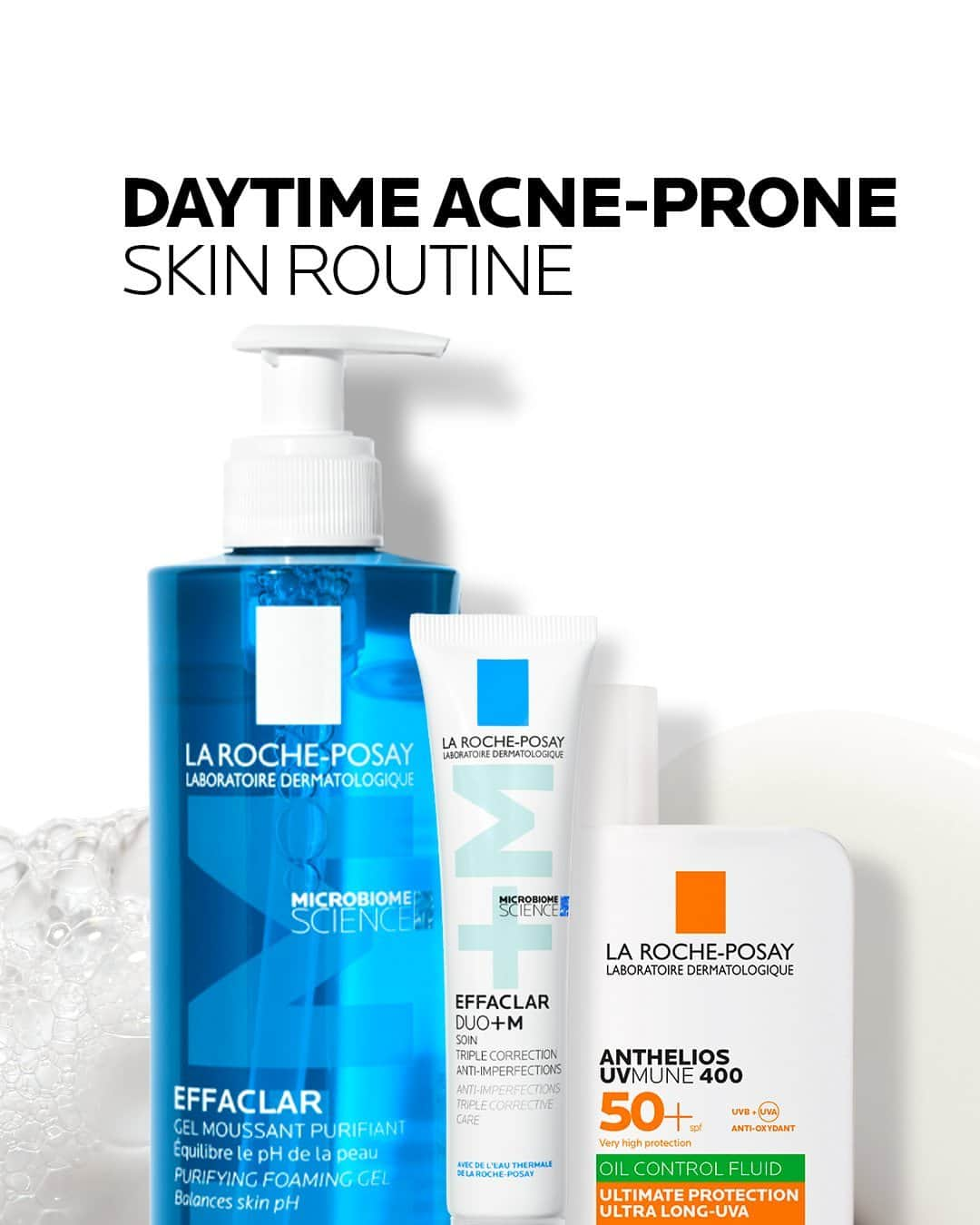 La Roche-Posayのインスタグラム：「Good news, there’s a new daytime Acne-prone skin routine for you! As temperatures drop, it's essential to adapt your skincare to clean, correct and protect your skin. Dive into this scientifically formulated routine designed for your skin's unique challenges:  💧 Effaclar foaming gel to gently wash skin and remove make-up. 🔬 Effaclar Duo+M to reduce the number and severity of imperfections. ☀️ Anthelios UVmune 400 oil control fluid for fast-absorbing, broad-spectrum UV protection.   Have you tried any of these products? Share your experience below!  All languages spoken here! Feel free to talk to us at anytime. #larocheposay #effaclar #anthelios #acneproneskin #skinroutine Global official page from La Roche-Posay, France.」