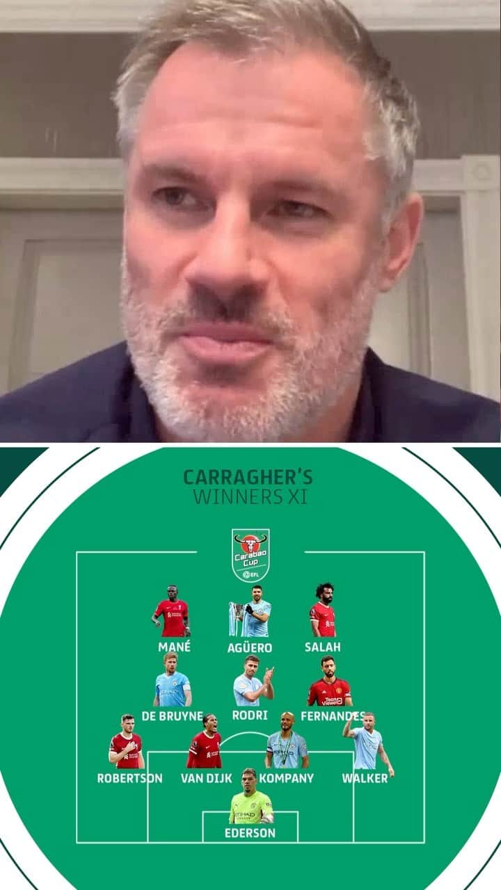 ジェイミー・キャラガーのインスタグラム：「🏆📋 Carragher’s Winners XI • 👤 Picking from #CarabaoCup winners from every League Cup Final since our partnership with @carabao_uk began, see who made it into @23_carra’s team…👀」