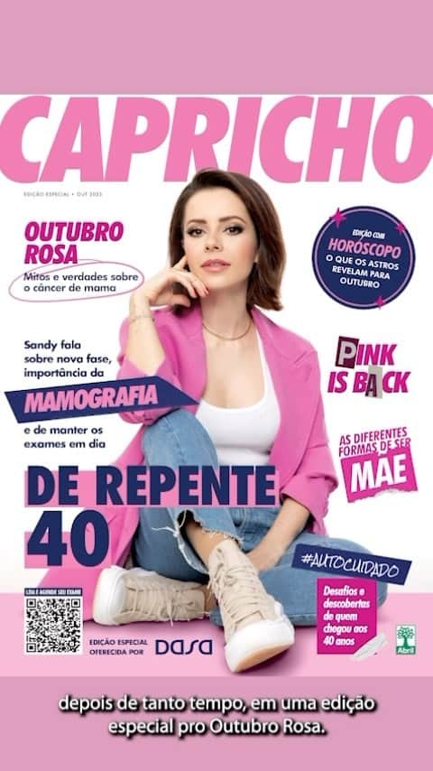 サンディのインスタグラム：「Quem me viu na capa da Capricho? Pois é, eu amei este resgate todo nostálgico promovido pela Dasa para o Outubro Rosa! 🩷  E hoje quero reforçar esse lembrete em uma data muito importante: 19 de outubro é o Dia Mundial de Combate ao Câncer de Mama. E esta mensagem é pra lembrar você sobre a importância de realizar seus exames, incluindo a mamografia, caso já esteja na faixa etária, como eu.  Acesse a revista e aproveite para agendar seus exames lá no @nav.dasa! Cuide-se bem! 🥰 #NovasFasesComDasa #SandyNaCapricho #SandyNaDasa #OutubroRosa」