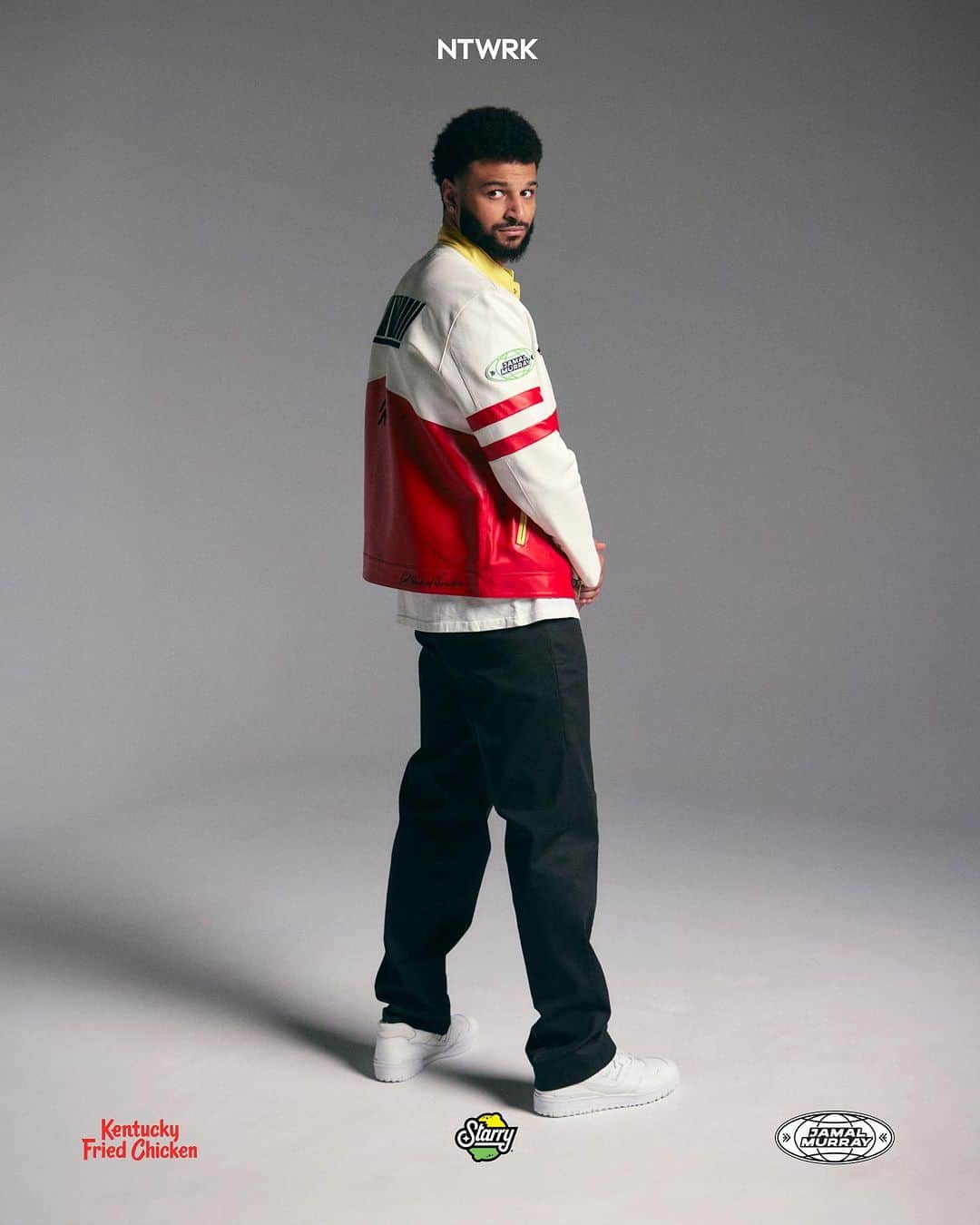 ケンタッキーフライドチキンのインスタグラム：「NEW COLLAB ALERT 📣 @kfc x @starrylemonlime are celebrating Jamal Murray’s amazing year with a custom leather jacket and pin set that will come in clutch for your ‘fit rotation. In honor of Murray’s #27, only 27 jackets have been made, along with 200 custom autographed enamel pin sets… and both of them can be yours.   Tune into the @NTWRK app for a special live episode on Thursday, 10/26 at 8pm ET/ 5pm PT to take your shot at scoring BIG! 🍗✨🏀」