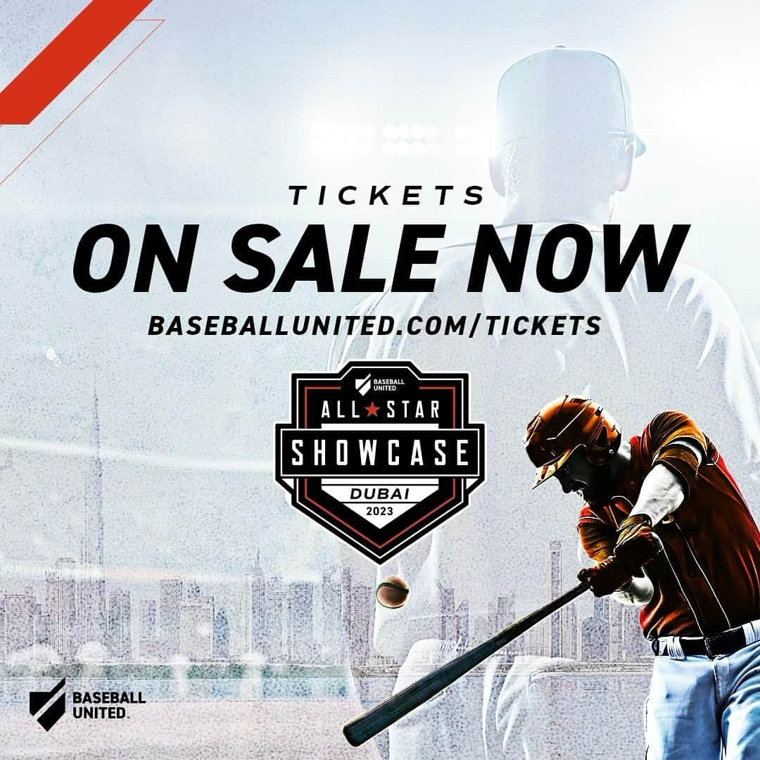 ニック・スウィシャーのインスタグラム：「TICKETS NOW ON SALE! 🎟️   You can now purchase tickets for our Baseball United All-Star Showcase 💫  Go to baseballunited.com/tickets for more info   #dubai #baseball #dubaibaseball #baseballunited #uae」