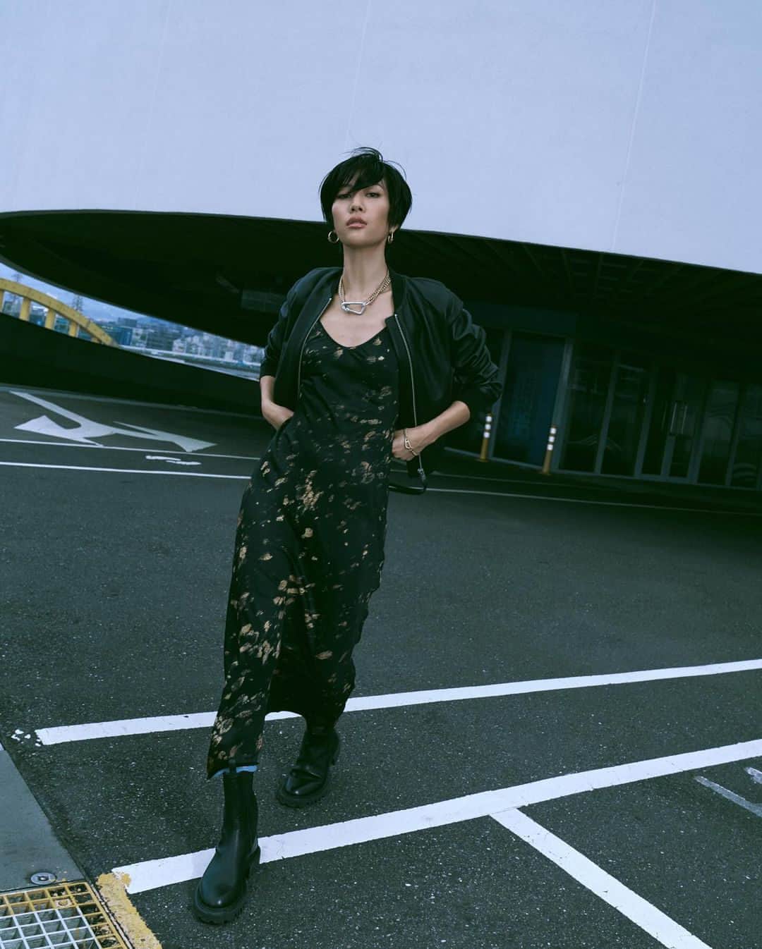 オールセインツさんのインスタグラム写真 - (オールセインツInstagram)「@molly_chiang energy only.  Bryony Ronnie Slip Dress, Hallie Boots, Kadie Carabiner Necklace + Bracelet and Axelle Earrings (you can find a similar jacket style with the Easton Biker).」10月20日 23時00分 - allsaints