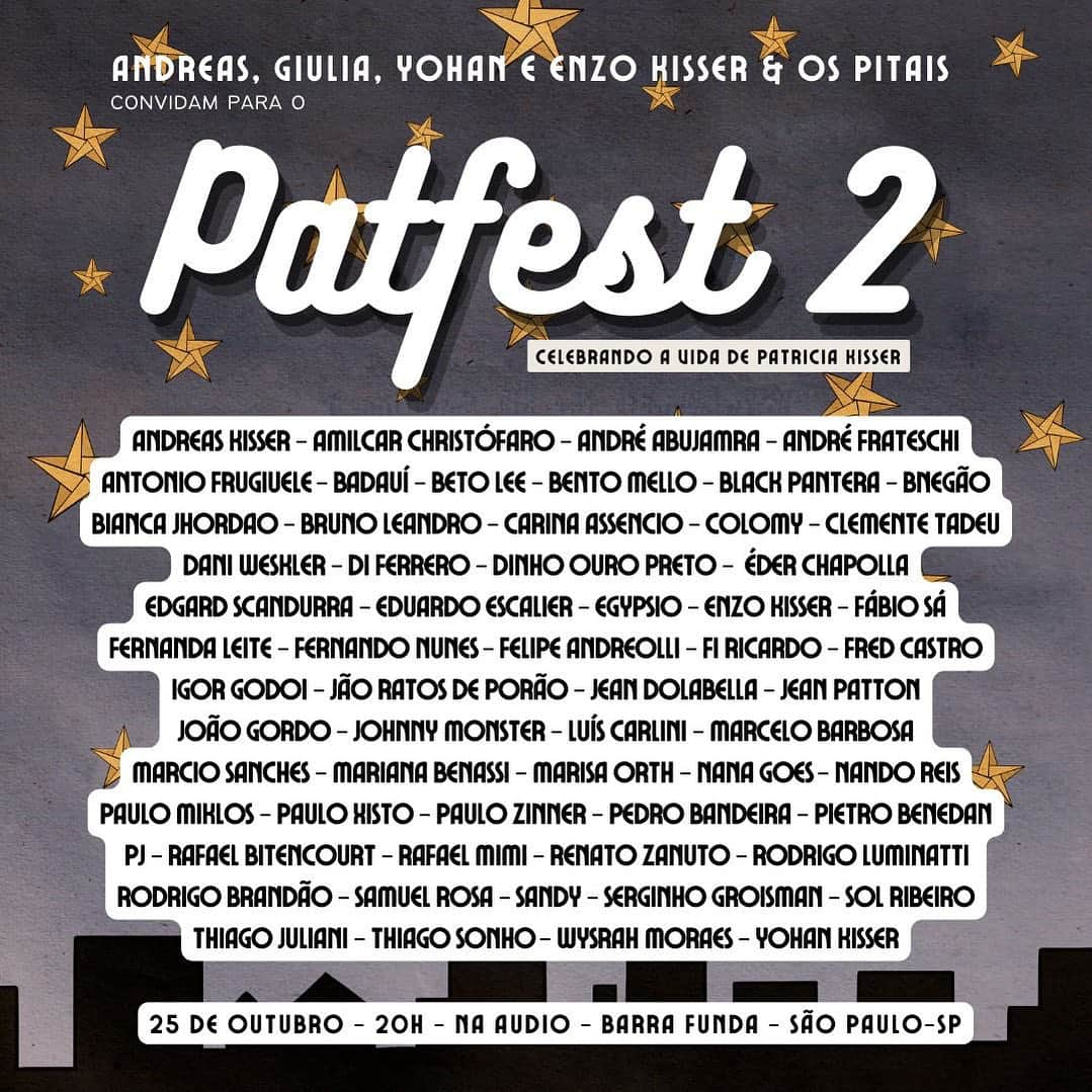 サンディのインスタグラム：「No dia 25/10 acontece o segundo Patfest, um show especial, na @audio , com todos esses nomes incríveis, em homenagem à minha amada comadre, Pat Kisser, uma das melhores pessoas que já conheci. Toda a renda será revertida à @comunidade_compassiva , que faz um trabalho lindo de ajuda a moradores das favelas da Rocinha e do Vidigal.  Eu vou estar lá, e você? 💜🙏🏻」