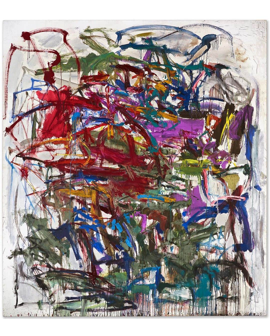 クリスティーズのインスタグラム：「“Music takes time to listen to and ends, writing takes time and ends, movies end, ideas and even sculpture take time… Painting does not. It never ends, it is the only thing that is both continuous and still.” —Joan Mitchell   A majestic tour-de-force teeming with fierce, muscular brushstrokes and a kaleidoscopic display of the most powerful colors in her arsenal, Joan Mitchell’s ‘Untitled,’ circa 1959, boasts all of the hallmarks of her most celebrated pictures, making it a true masterpiece from the most pivotal and exciting decades of her career. In 1959, Mitchell traded the gritty downtown scene in New York for an older, richer tradition in France, moving to Paris permanently and joining a thriving intellectual community of creatives. It was at this time that she was at her creative, commercial and critical peak.   A powerful declaration of Mitchell’s almost preternatural understanding of color and the fearlessness with which she wielded her brush, Untitled celebrates the artist’s ability to meld bravura with grace. Using broad, arcing brushstrokes Mitchell dragged the pigment across the canvas, creating an enormous maelstrom that envelops the viewer in its seven-foot expanse.    We are thrilled to be offering this exquisite work as a highlight of our 20th Century Evening Sale.   20th Century Evening Sale | New York | 9 November」