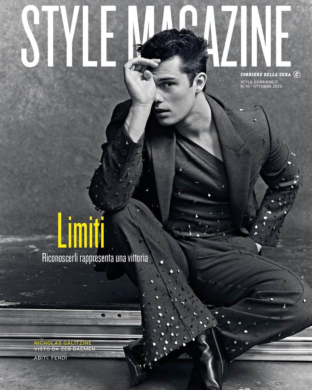 Fendiのインスタグラム：「#FendiAmbassador Nicholas Galitzine wore #FendiFW23 on the cover of Style Magazine.  @stylemagazineitalia @nicholasgalitzine  Editor in Chief: @alecalascibetta Photography: @zebdaemen Styling: @nicholasgalletti Grooming: @thebradylea Production: @silviagiudicixxx」