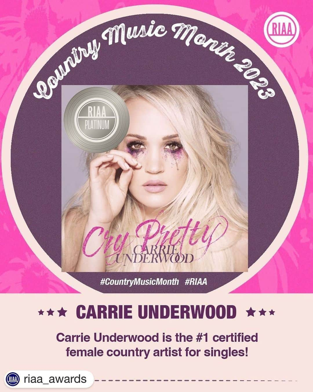 キャリー・アンダーウッドのインスタグラム：「#Repost @riaa_awards ・・・ @carrieunderwood firmly holds the crown as the 👸 top woman in country music for singles! With an impressive tally across 3⃣5⃣ singles, her catalog radiates with Gold & Platinum achievements💿📀. #CountryMusicMonth 👏 @capitolnash」