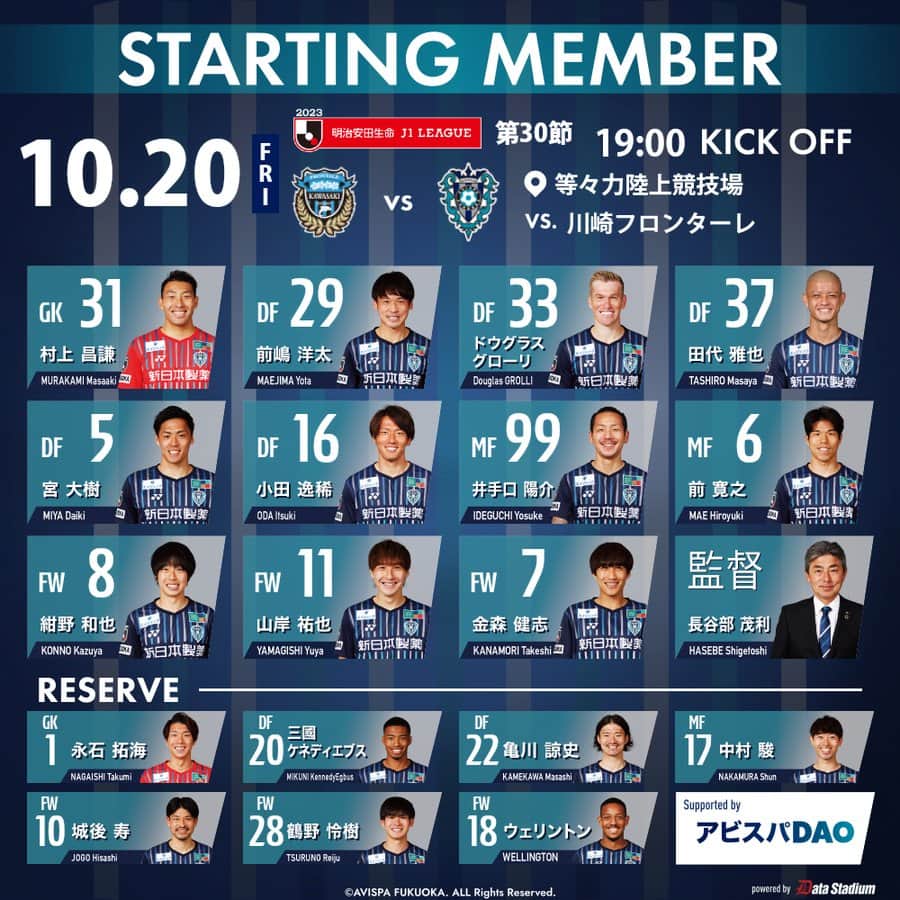 のインスタグラム：「🏆明治安田生命J1リーグ第30節🏆 #川崎フロンターレ 🆚 #アビスパ福岡 ⏰19:00KO 🏟#等々力  本日のメンバーが発表されました🐝 熱い応援をよろしくお願いします‼️  J1、J2、J3【全試合】中継 #DAZN 独占！ 視聴はこちら！➡️prf.hn/click/camref:1101l39LF/creativeref:1011l20500  #avispa」