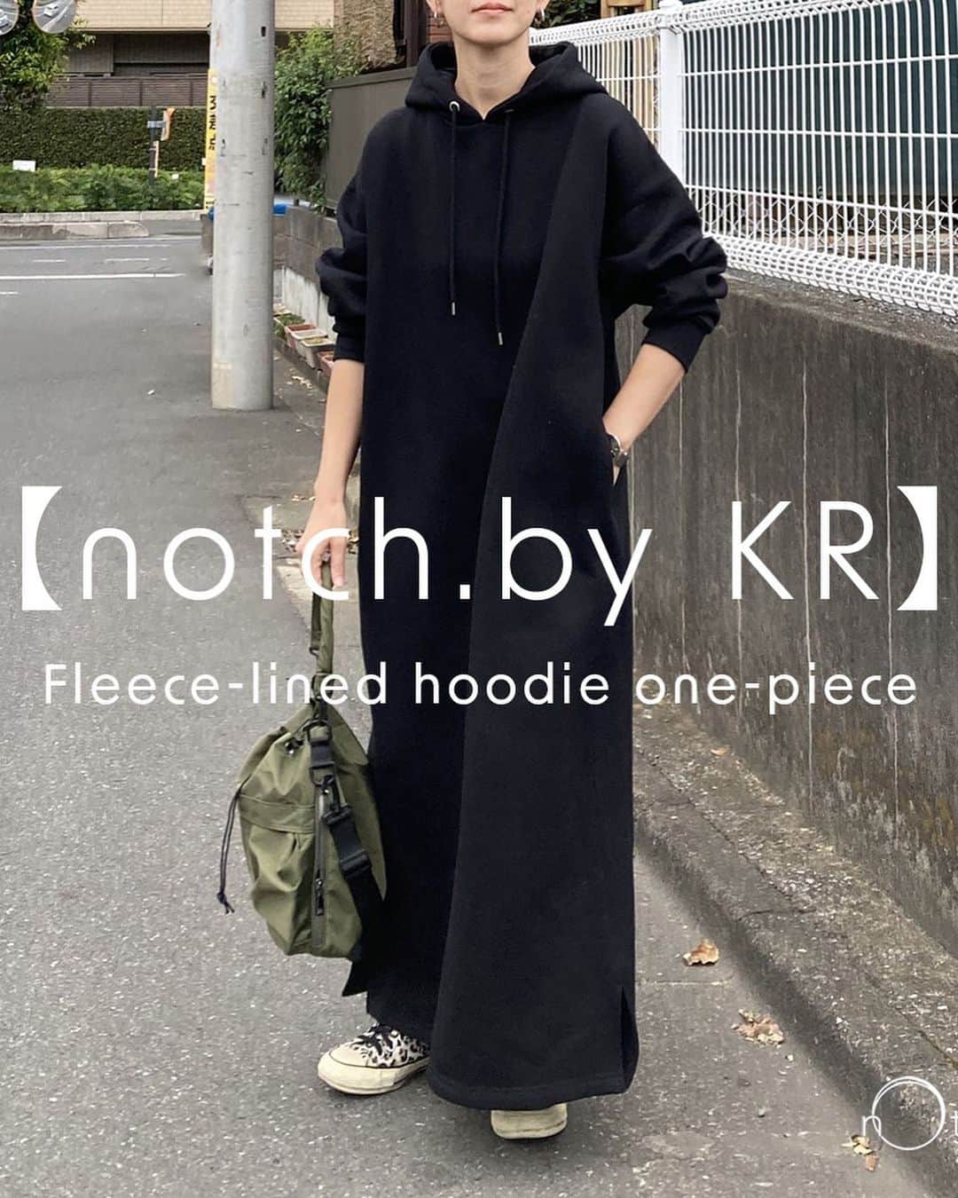 のインスタグラム：「【 notch. by KR】裏起毛フーデイワンピース ZOZOTOWN 2023/10/20 本日予約販売スタート  price: ¥6,996（税込） color:ブラック、ネイビー、チャコール、ライトグレー お届け日:11月上旬予定  人気インフルエンサー @k664r さんとのコラボ企画第3弹‼️  ほどよくゆったりシルエットのカジュアルなマキシ丈のパーカーワンピース。 コラボ第一弾のパデットベストとの相性も抜群です！ サイズはMと高身長さんにおすすめのトールM（TM）の2サイズ展開です😊」