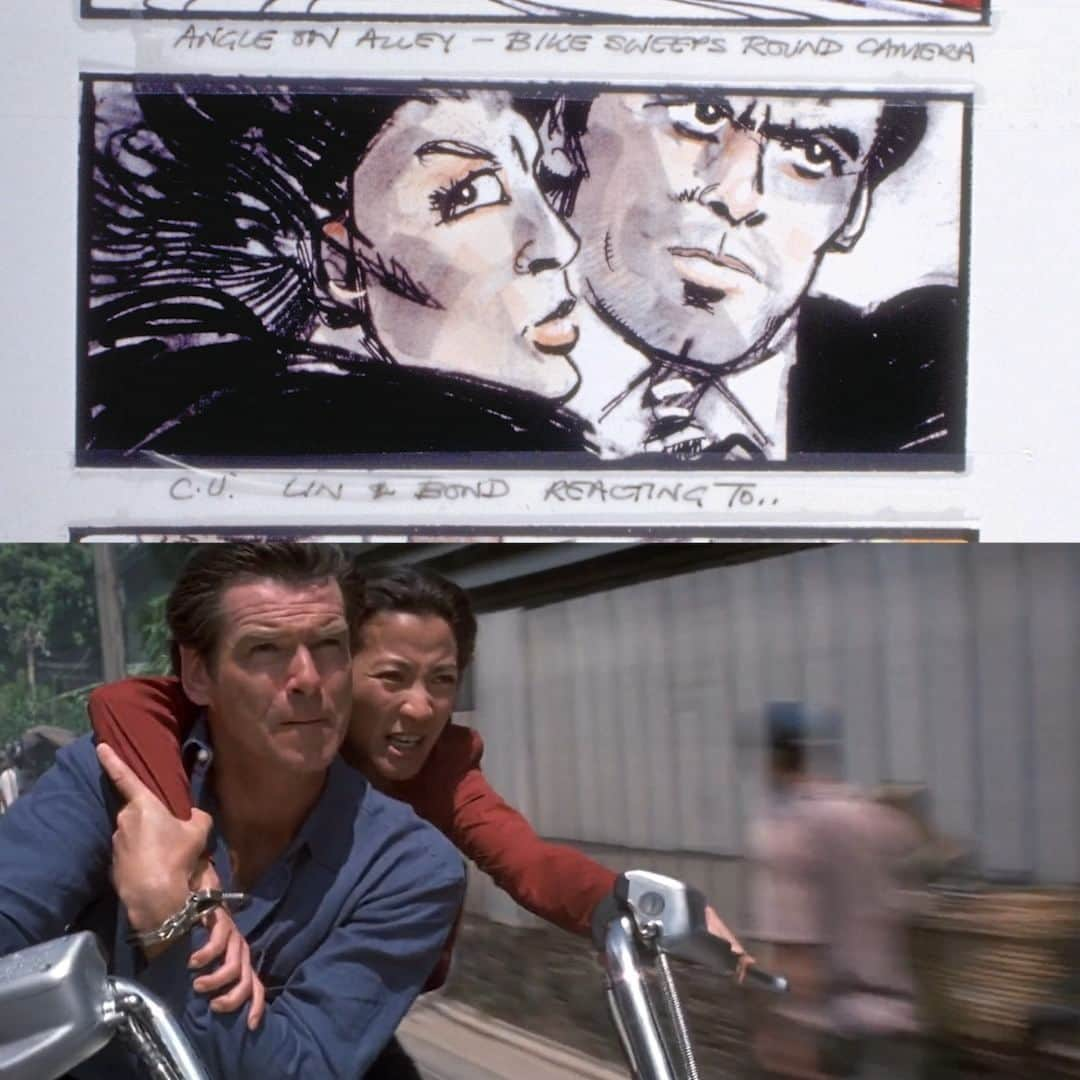 James Bond 007のインスタグラム：「Storyboard to Screen: Bond & Wai Lin in Tomorrow Never Dies.  #PierceBrosnan #MichelleYeoh #TomorrowNeverDies」